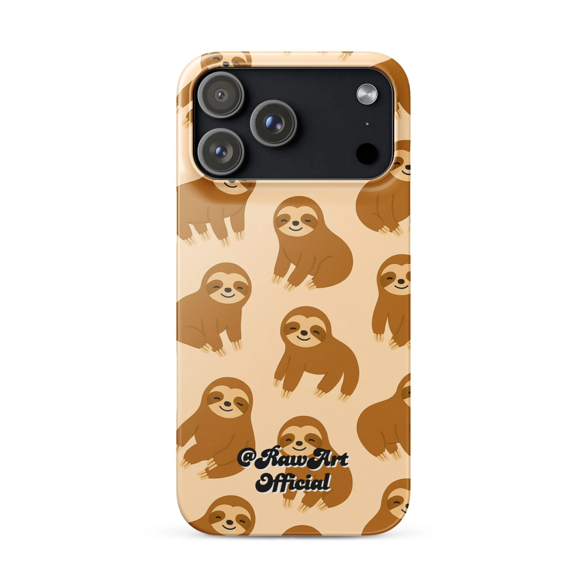 Beige iPhone case with brown sloth pattern, retro animal design.