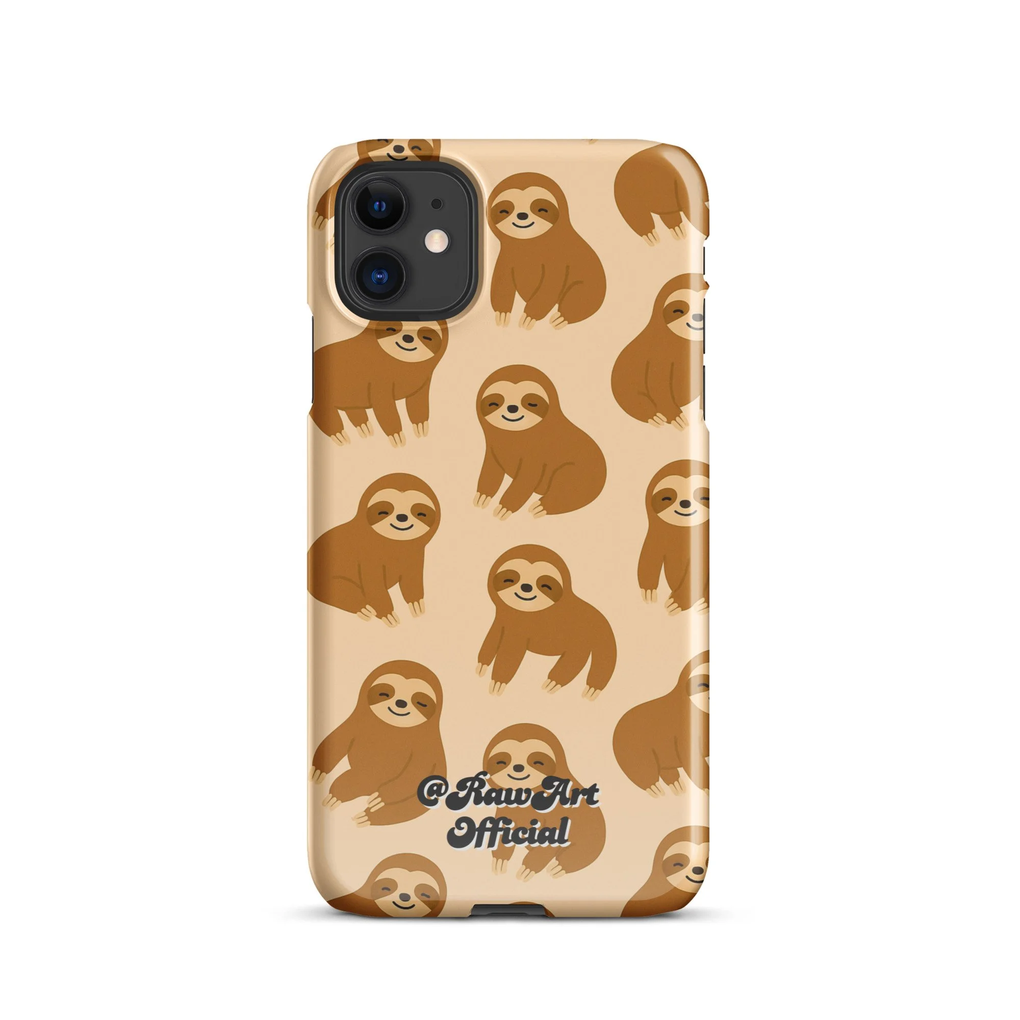 Beige iPhone case with brown sloth pattern, retro animal design.