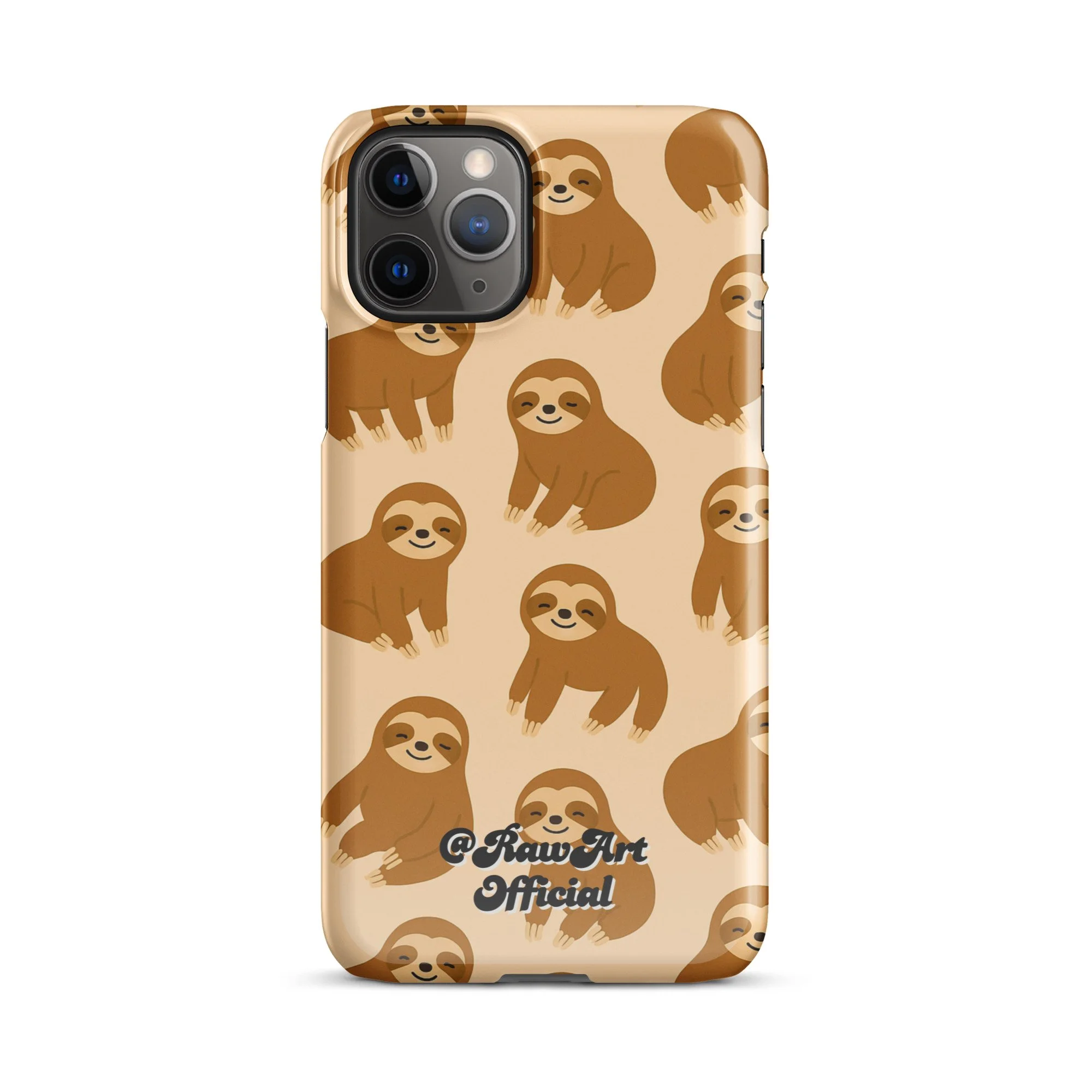Beige iPhone case with brown sloth pattern, retro animal design.