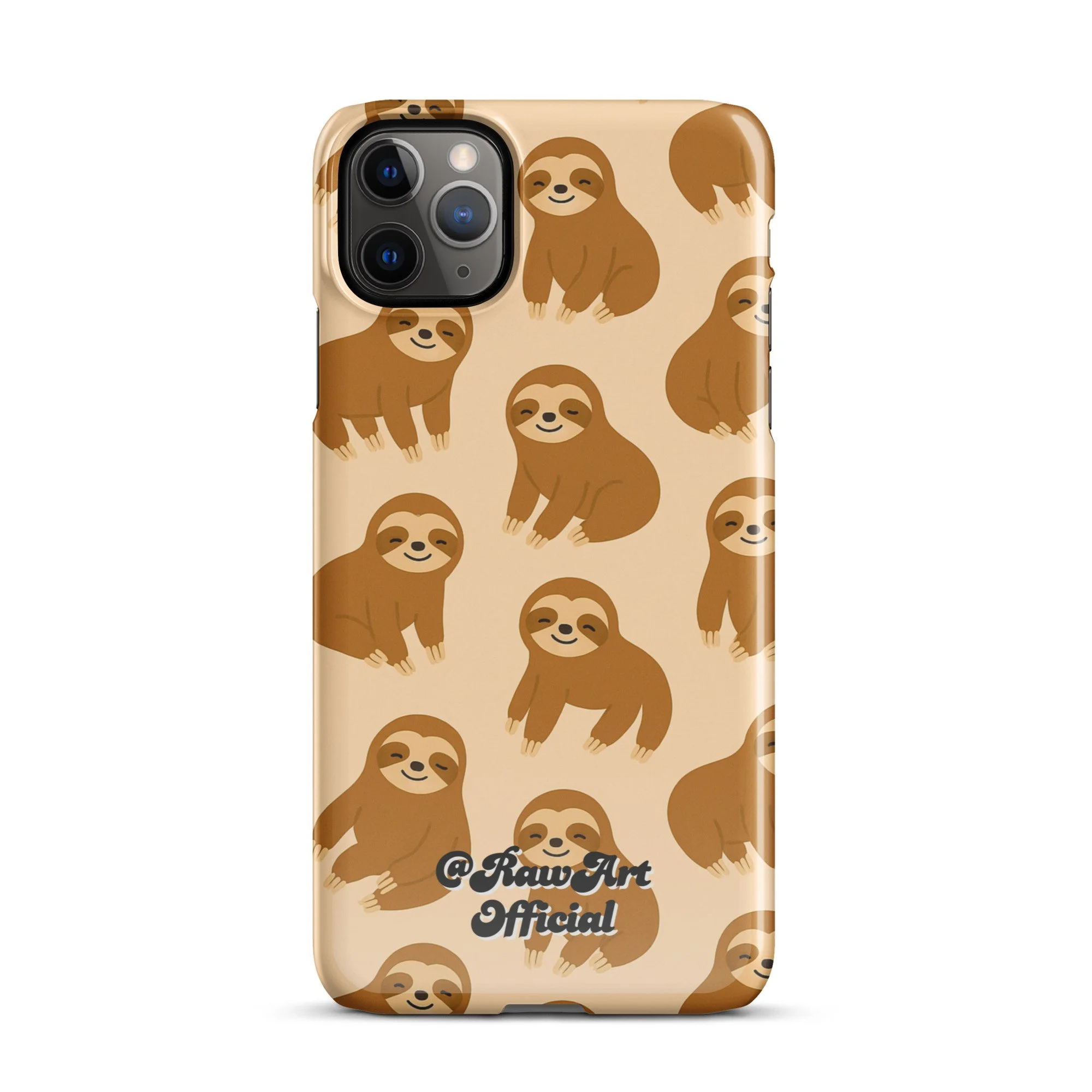 Beige iPhone case with brown sloth pattern, retro animal design.