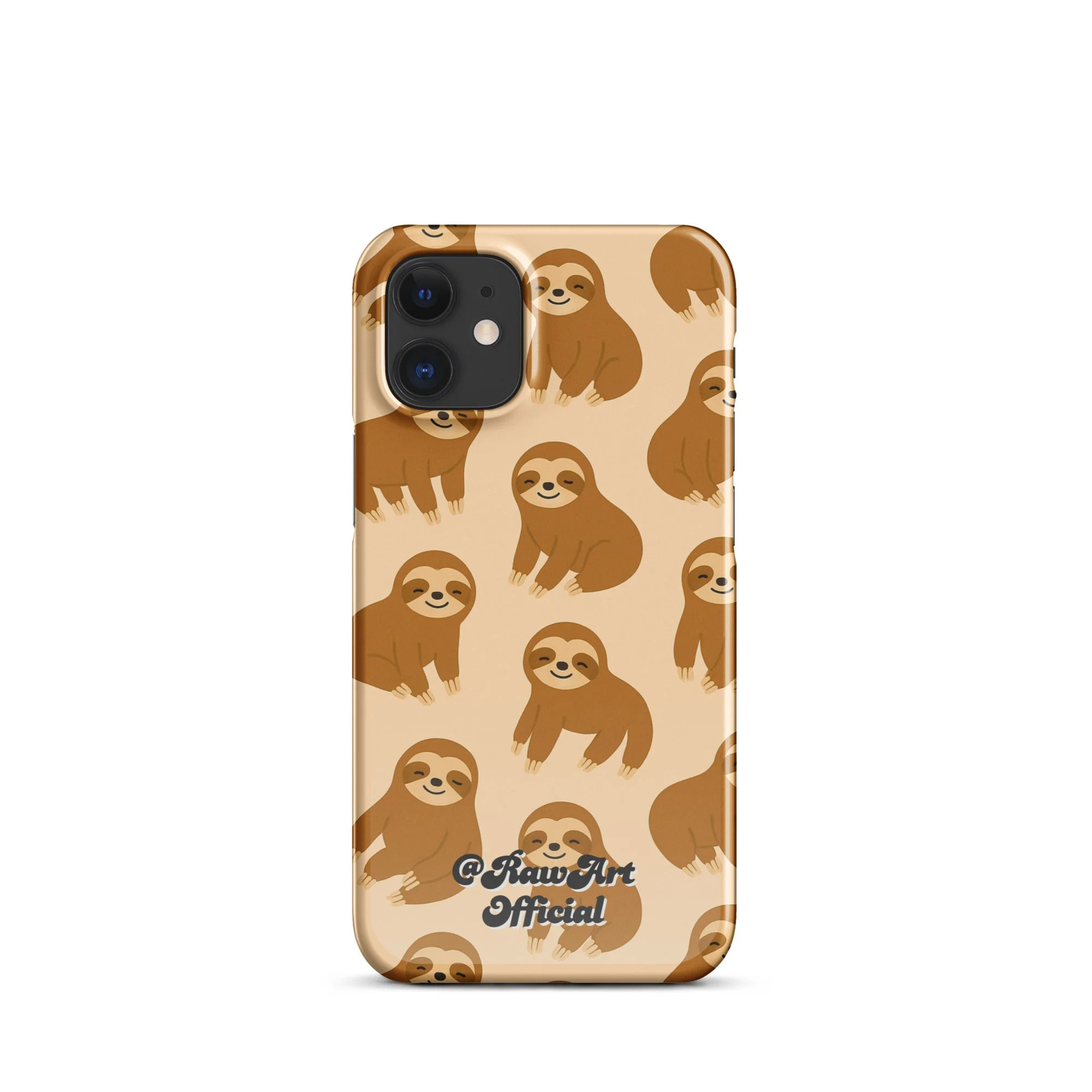 Beige iPhone case with brown sloth pattern, retro animal design.