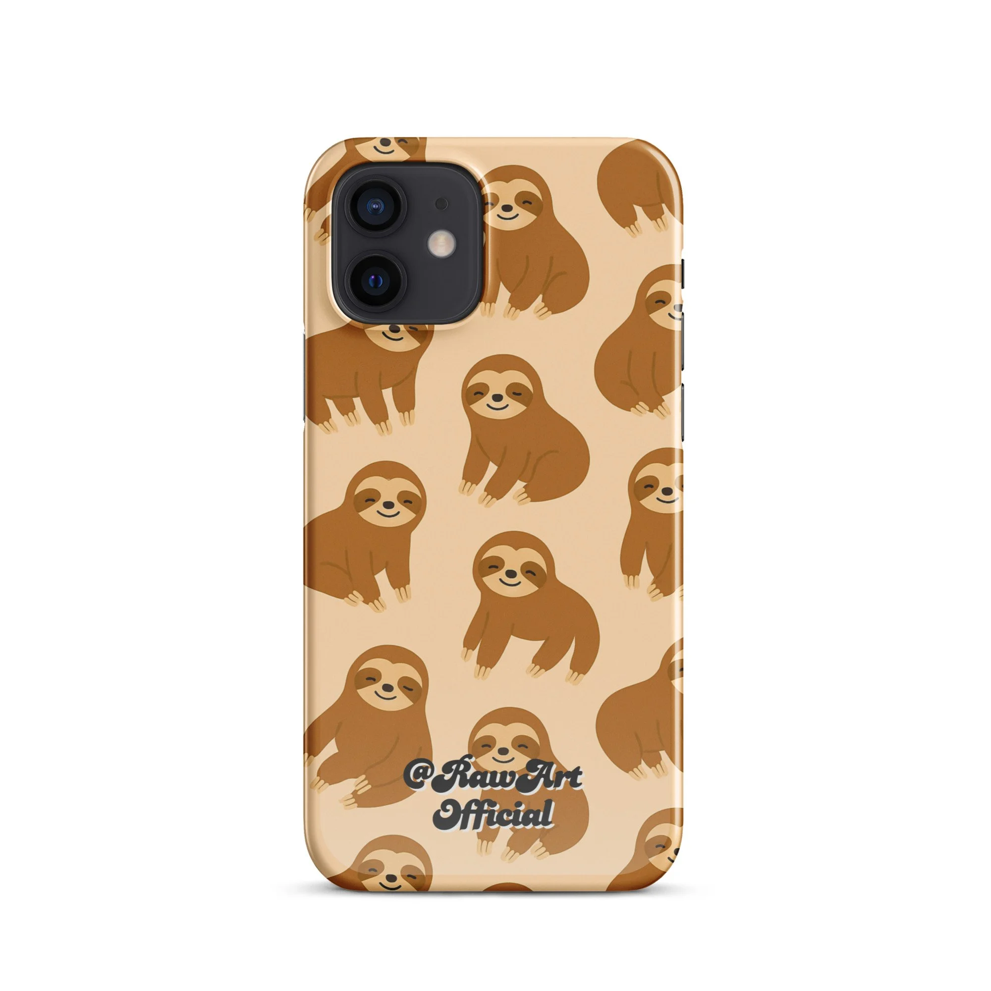 Beige iPhone case with brown sloth pattern, retro animal design.