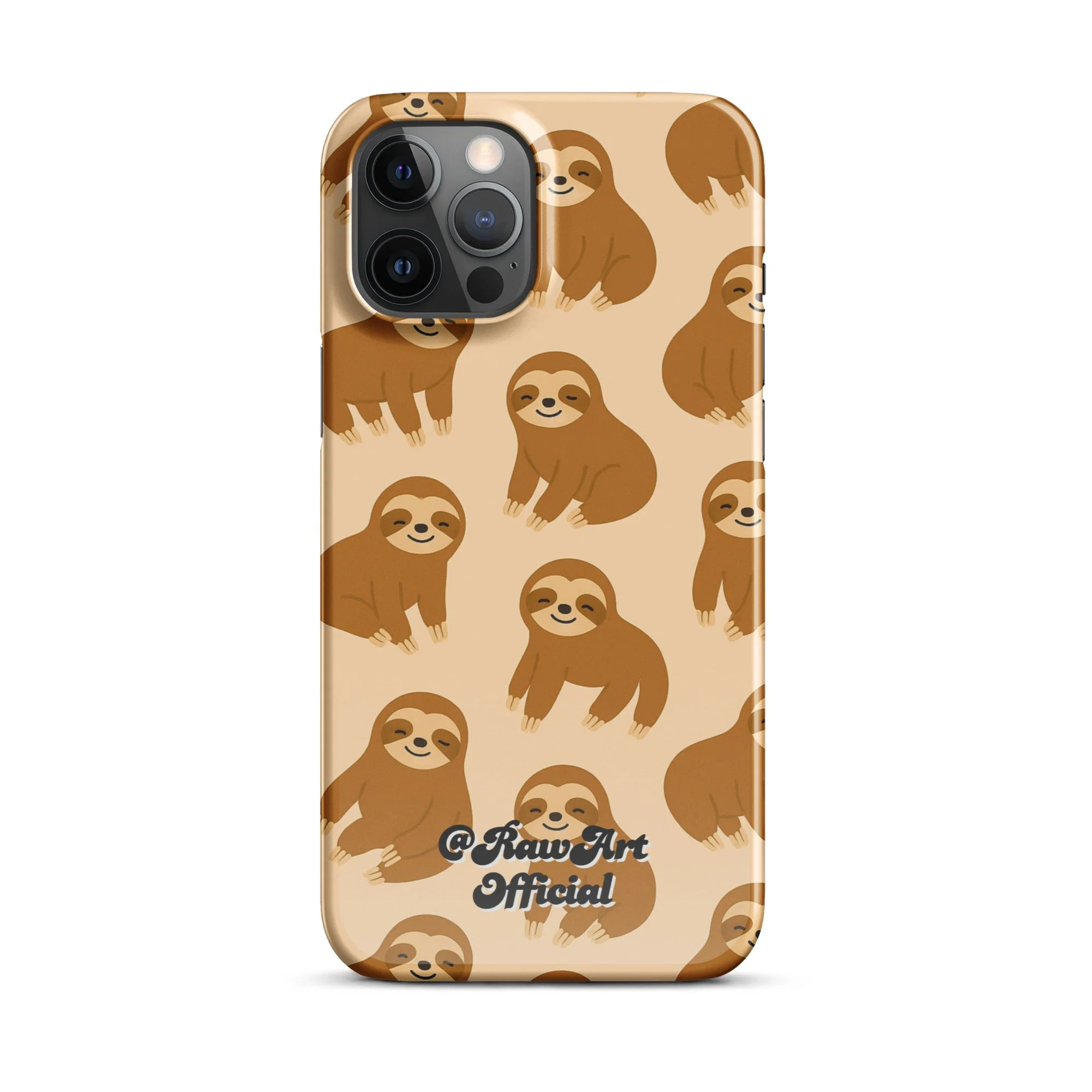 Beige iPhone case with brown sloth pattern, retro animal design.