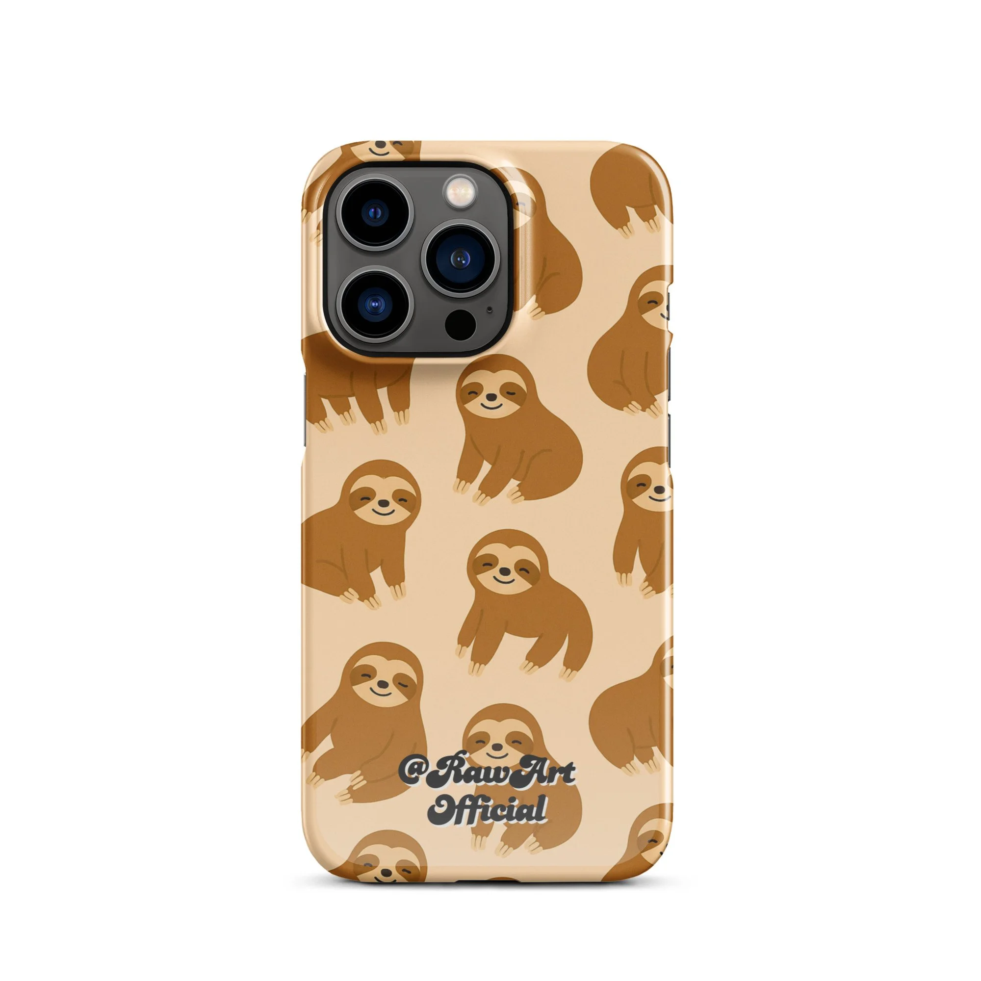 Beige iPhone case with brown sloth pattern, retro animal design.