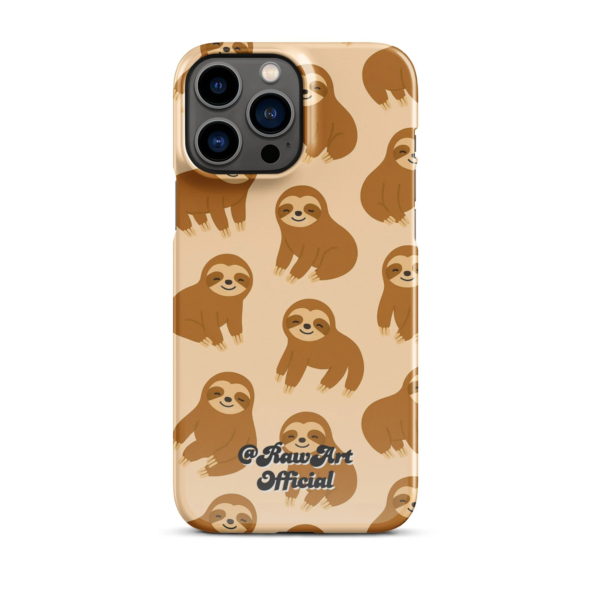 Beige iPhone case with brown sloth pattern, retro animal design.