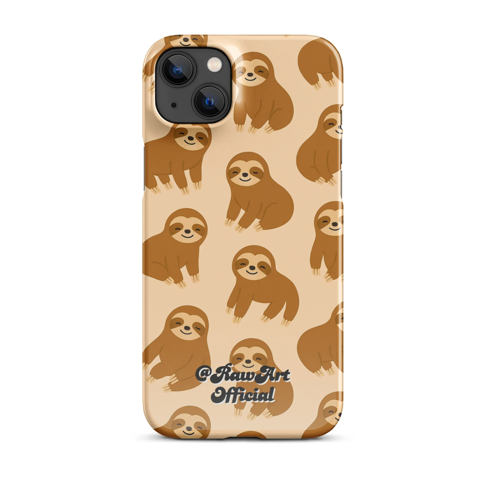 Beige iPhone case with brown sloth pattern, retro animal design.