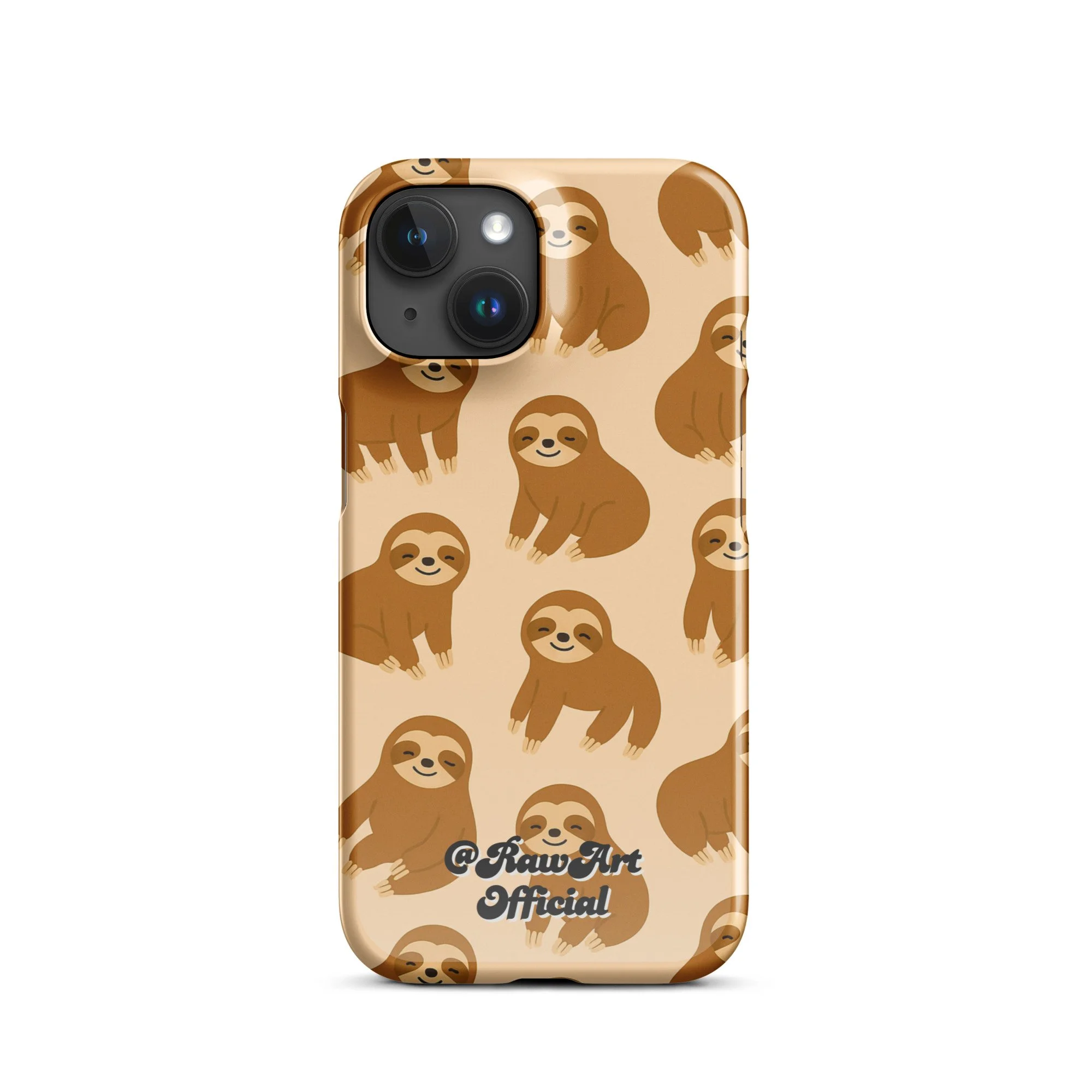Beige iPhone case with brown sloth pattern, retro animal design.