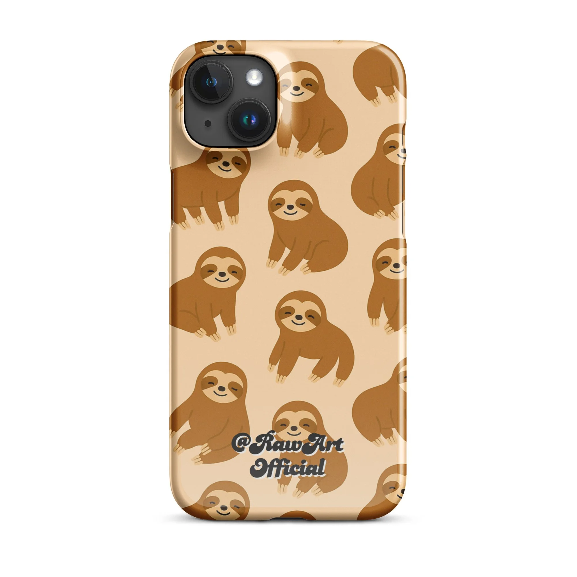 Beige iPhone case with brown sloth pattern, retro animal design.