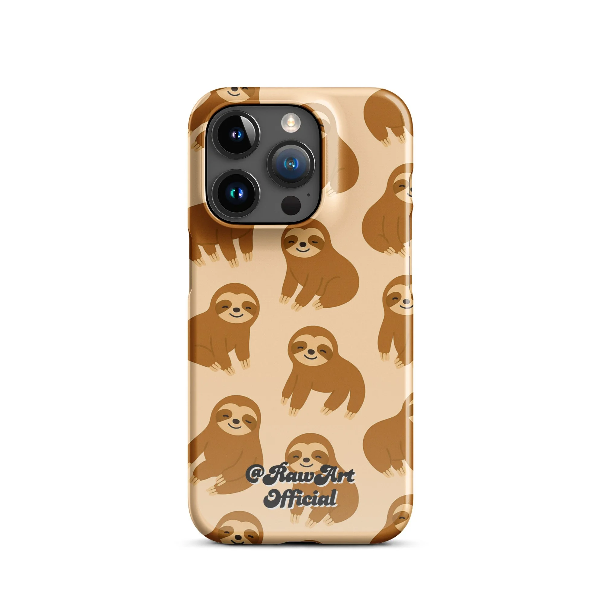 Beige iPhone case with brown sloth pattern, retro animal design.