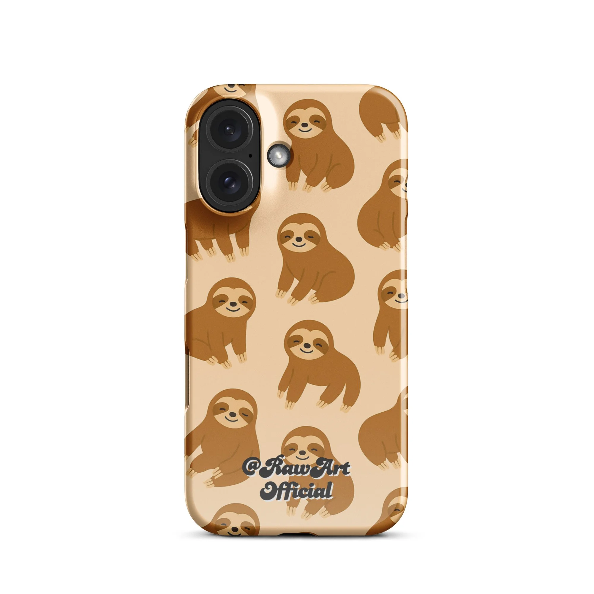 Beige iPhone case with brown sloth pattern, retro animal design.
