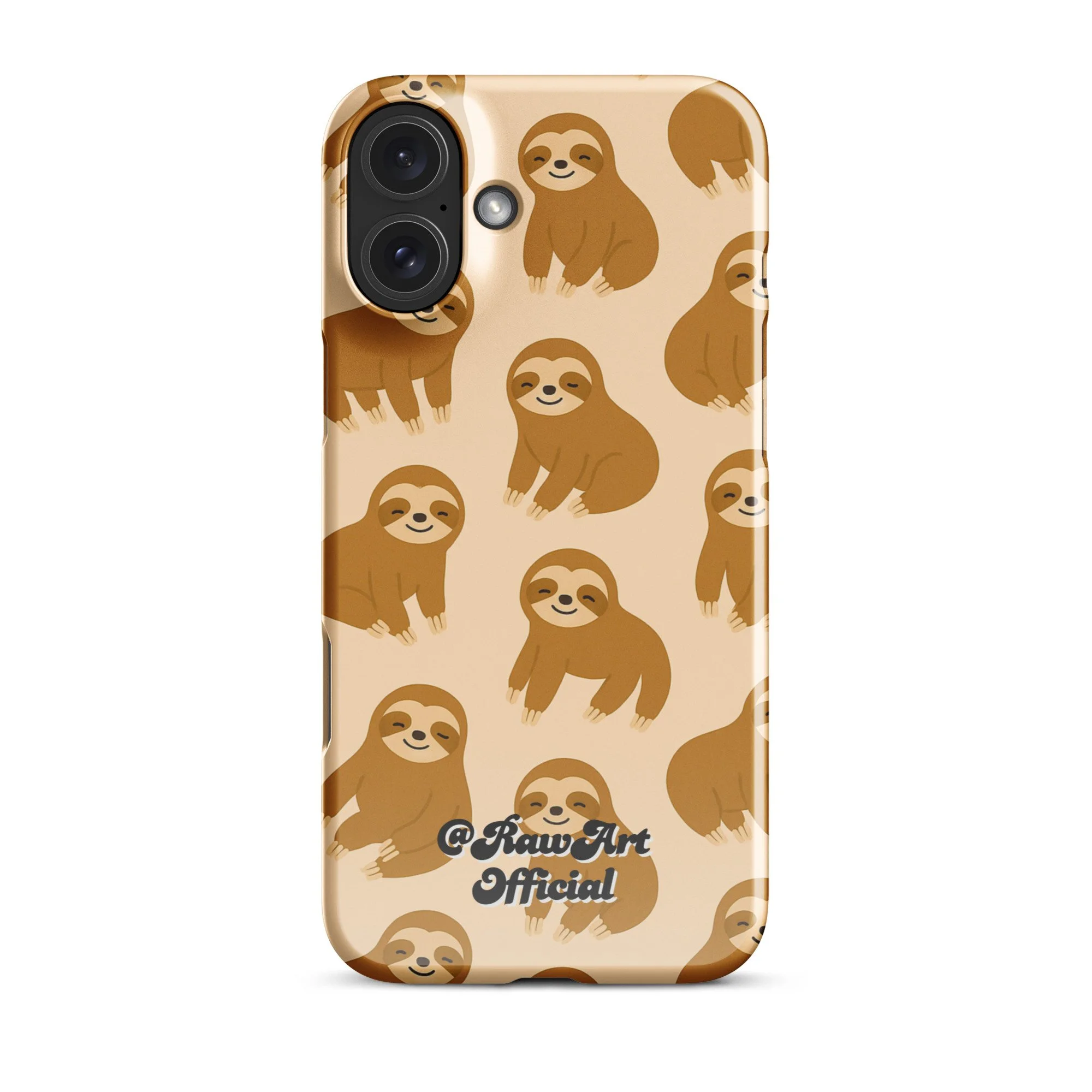 Beige iPhone case with brown sloth pattern, retro animal design.