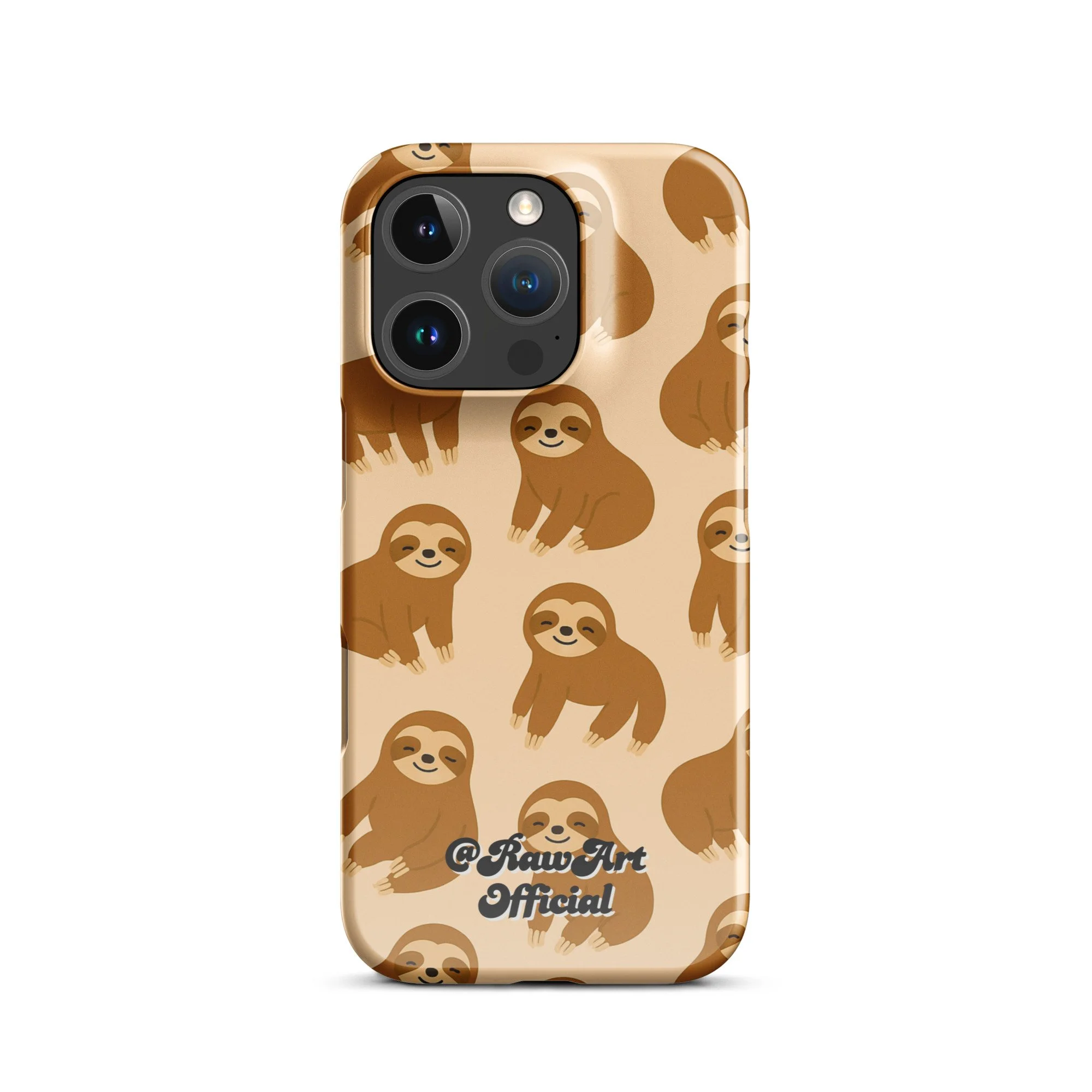 Beige iPhone case with brown sloth pattern, retro animal design.