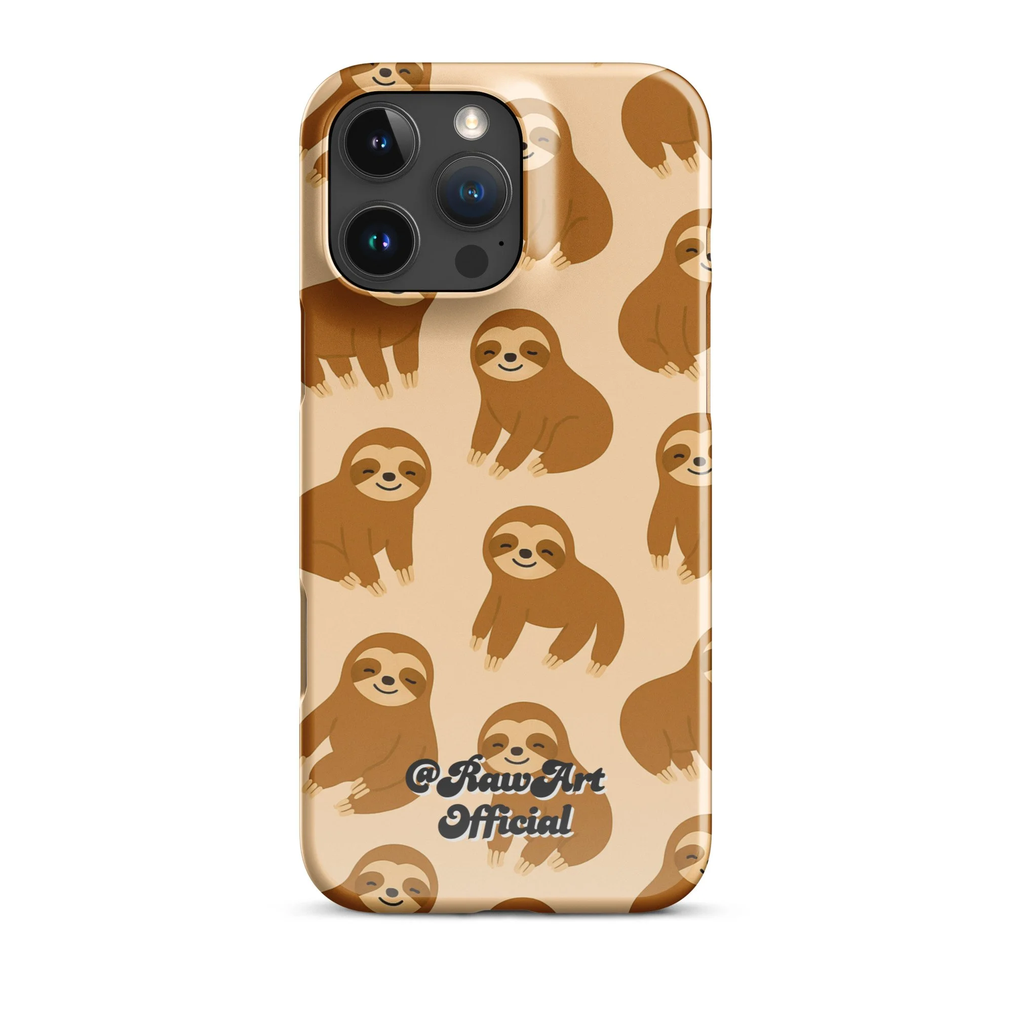 Beige iPhone case with brown sloth pattern, retro animal design.
