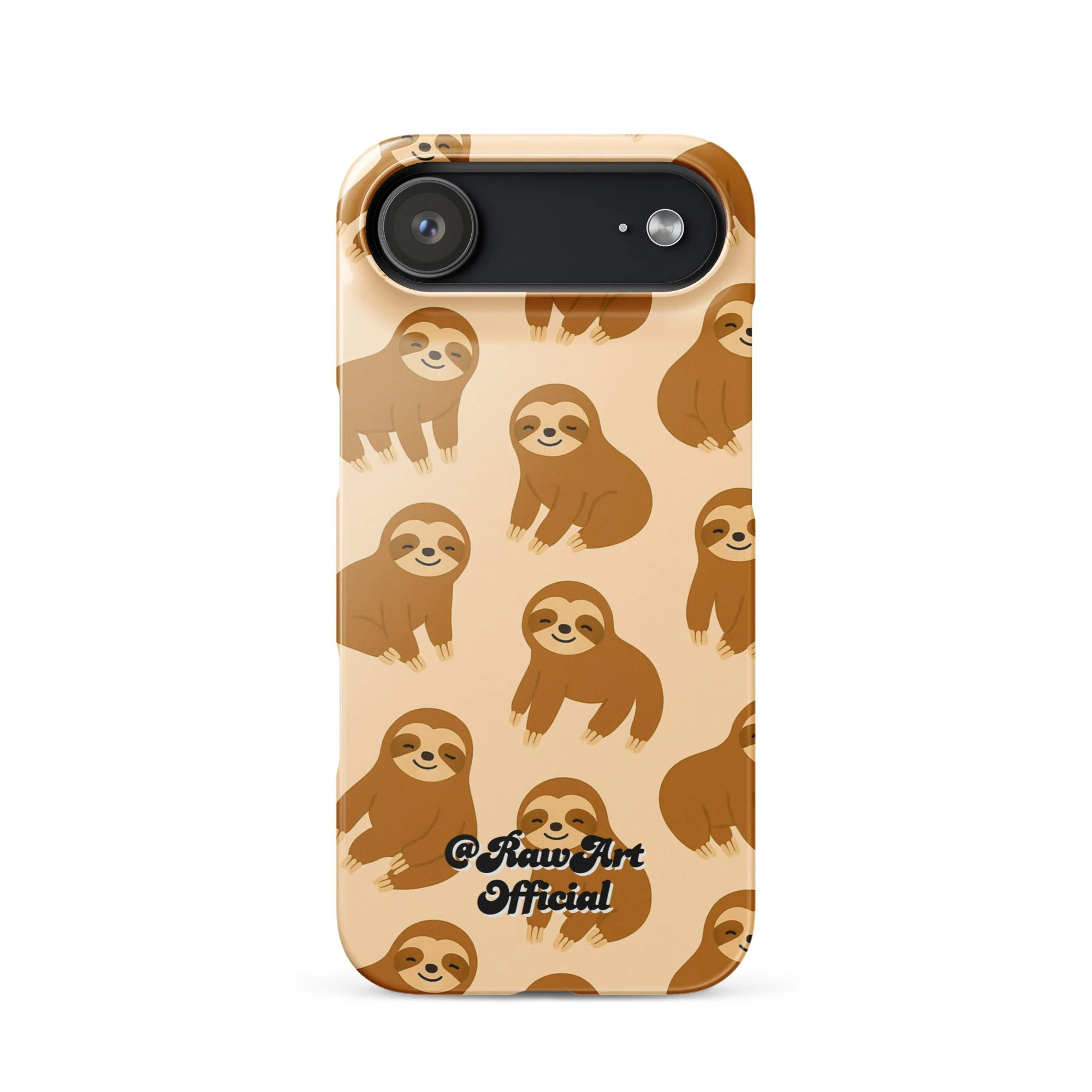 Beige iPhone case with brown sloth pattern, retro animal design.