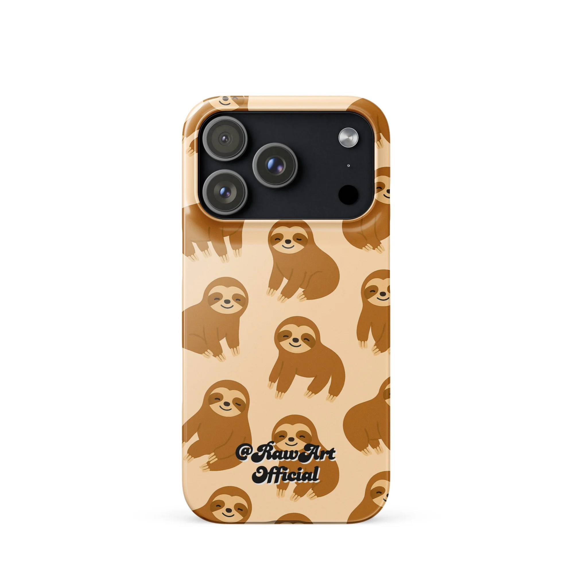 Beige iPhone case with brown sloth pattern, retro animal design.
