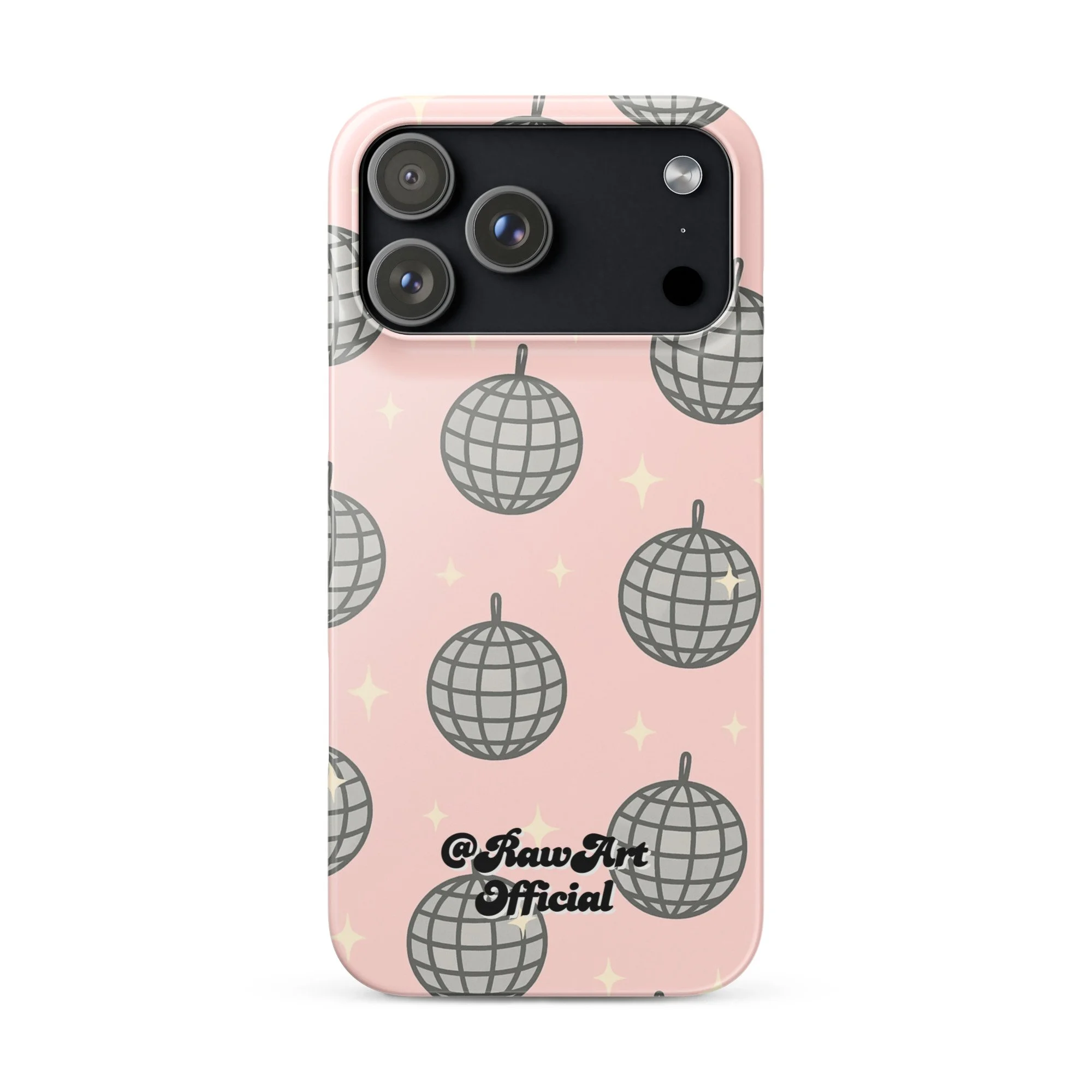Pink iPhone case with silver disco ball pattern, retro party design.