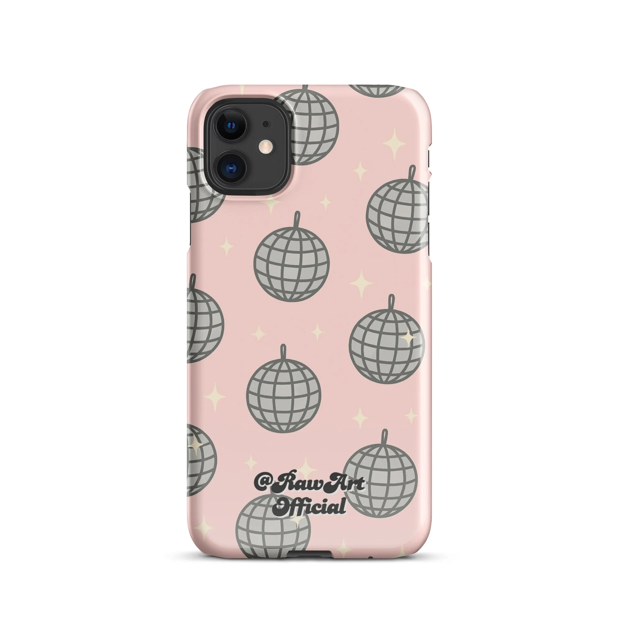 Pink iPhone case with silver disco ball pattern, retro party design.