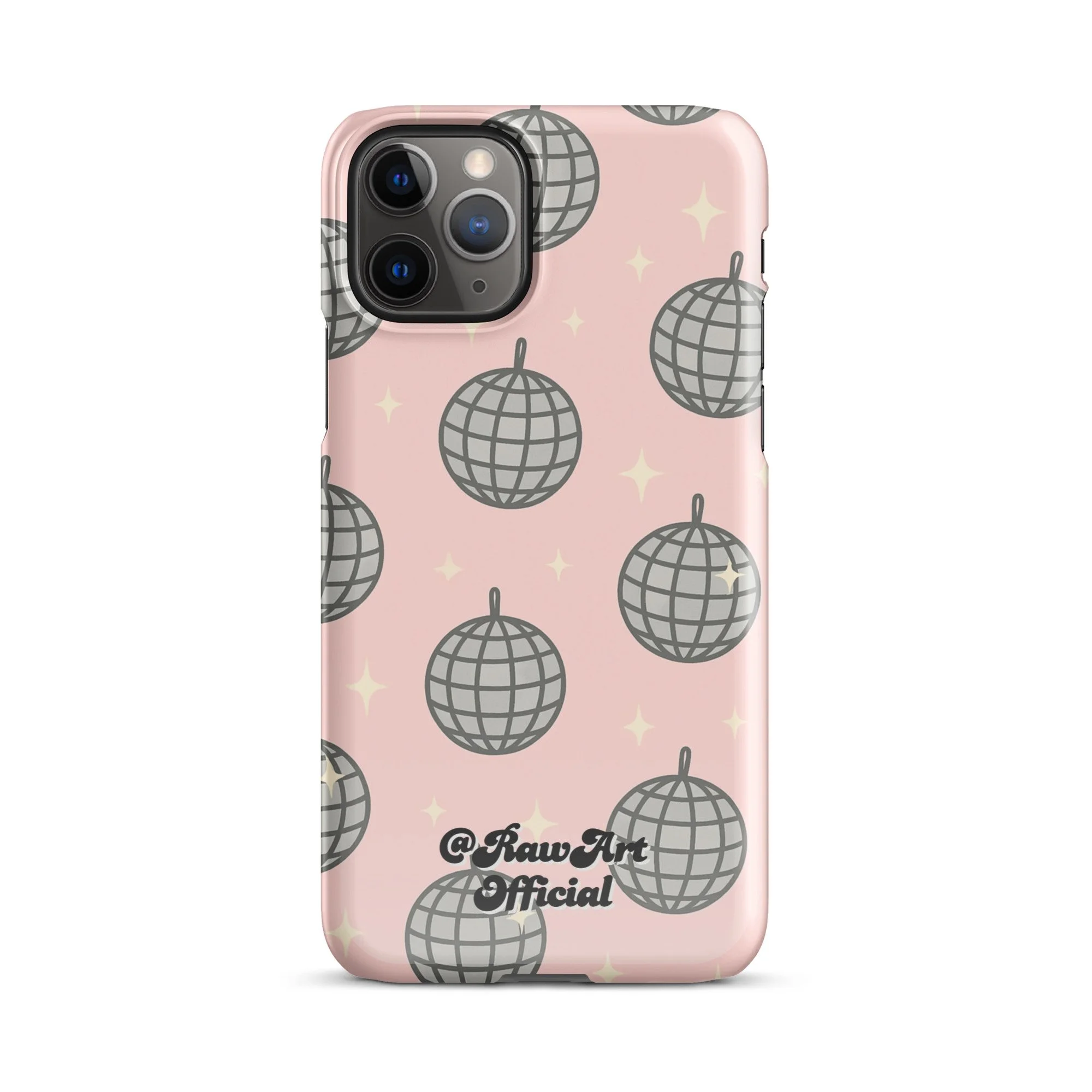 Pink iPhone case with silver disco ball pattern, retro party design.