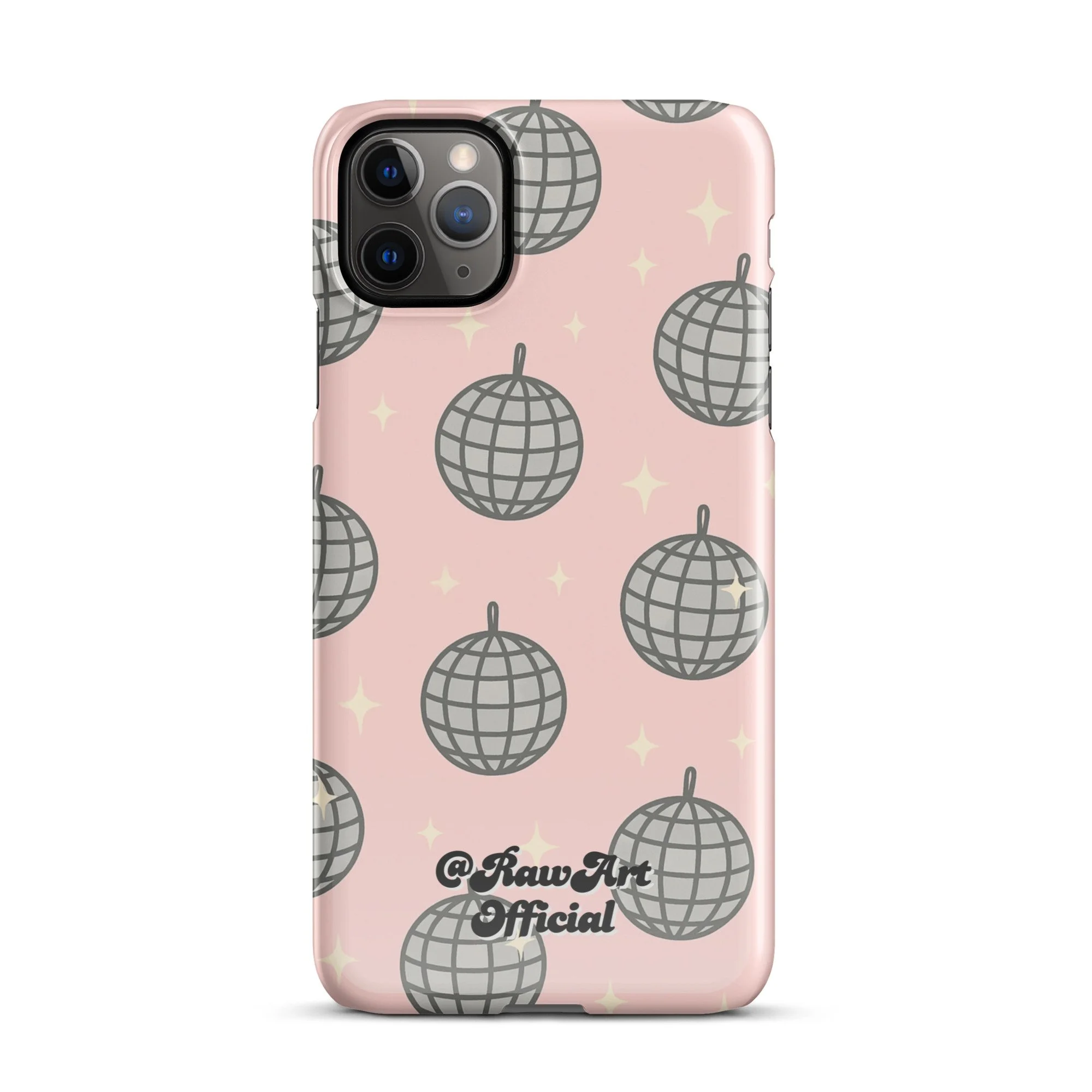 Pink iPhone case with silver disco ball pattern, retro party design.