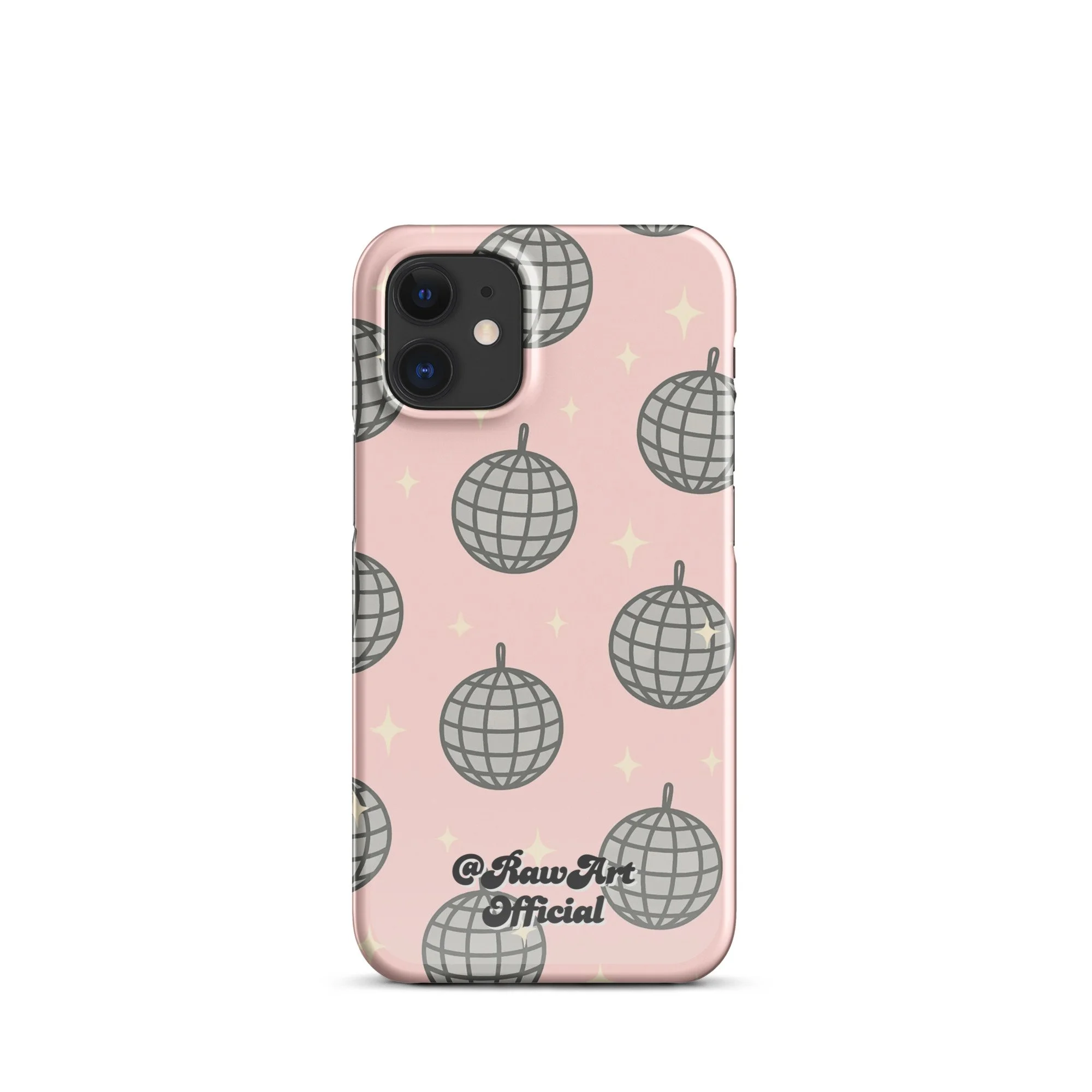 Pink iPhone case with silver disco ball pattern, retro party design.