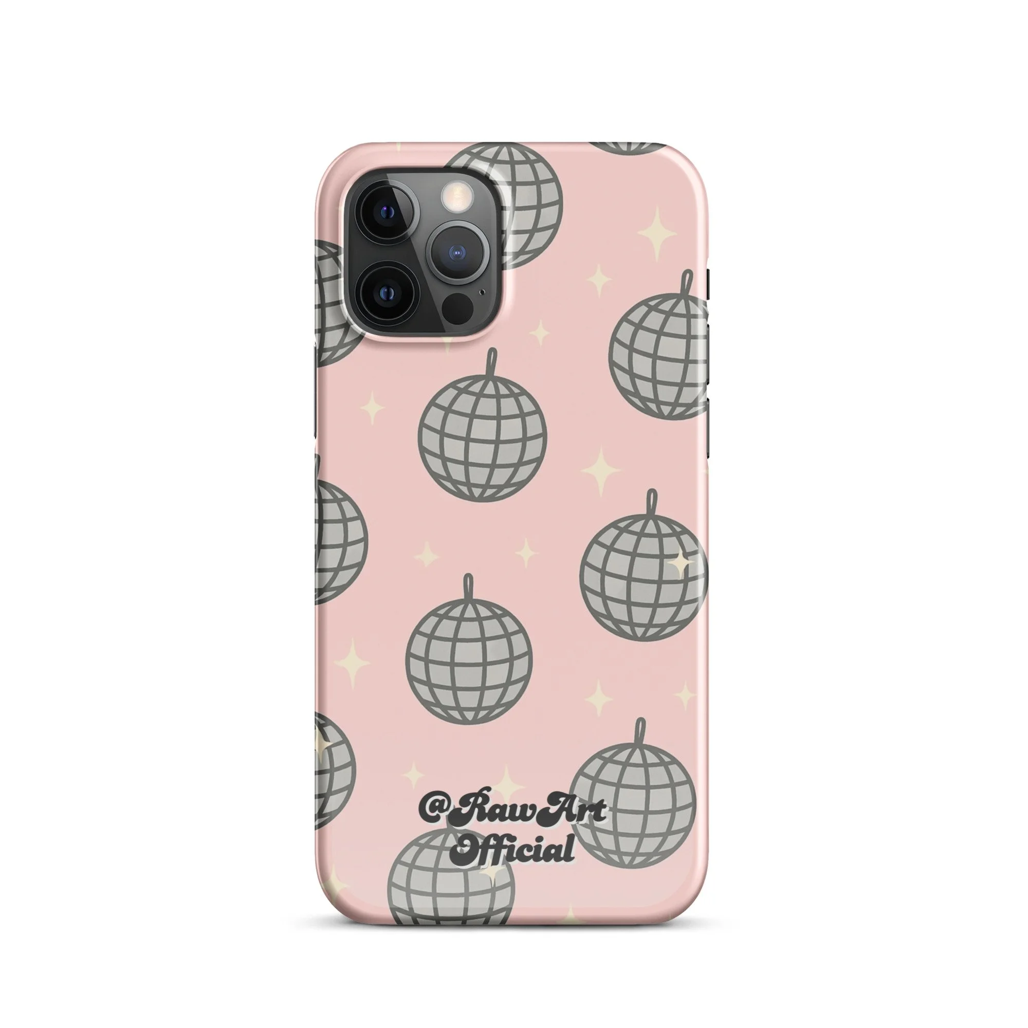 Pink iPhone case with silver disco ball pattern, retro party design.