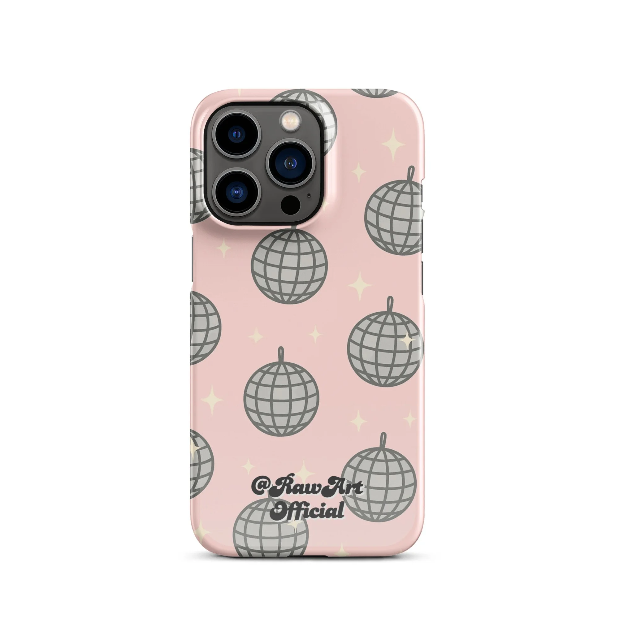 Pink iPhone case with silver disco ball pattern, retro party design.