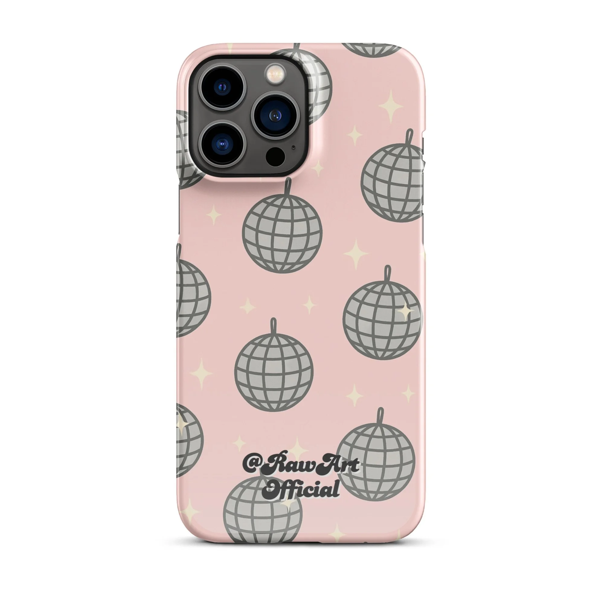 Pink iPhone case with silver disco ball pattern, retro party design.