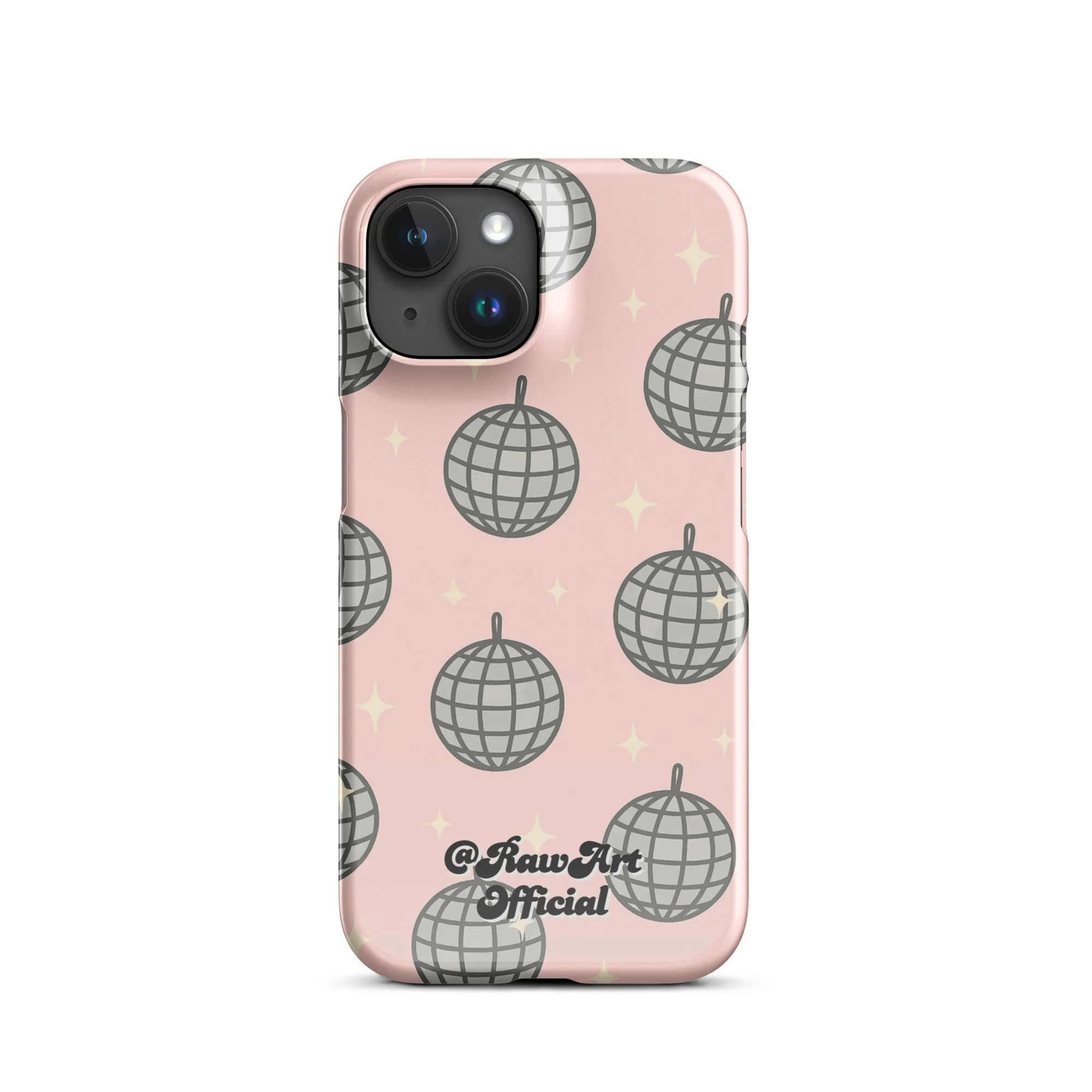 Pink iPhone case with silver disco ball pattern, retro party design.