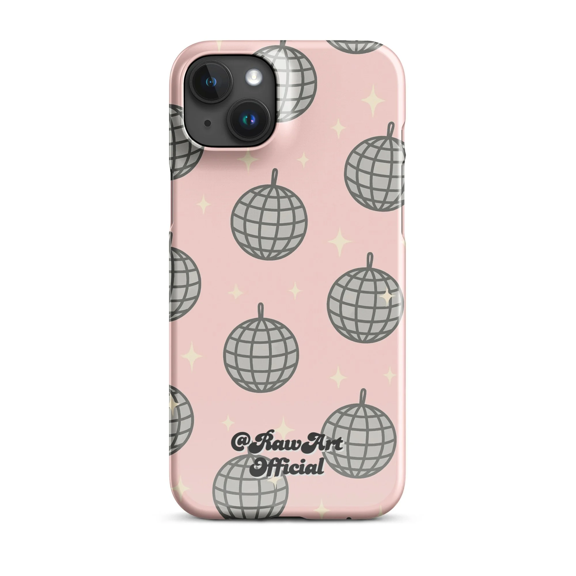 Pink iPhone case with silver disco ball pattern, retro party design.
