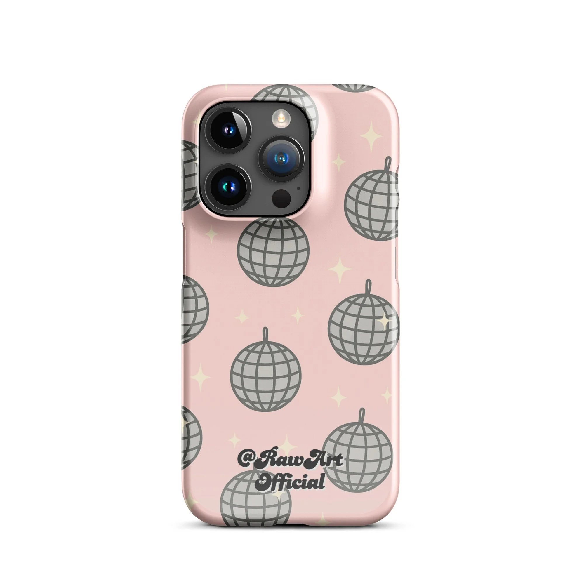 Pink iPhone case with silver disco ball pattern, retro party design.