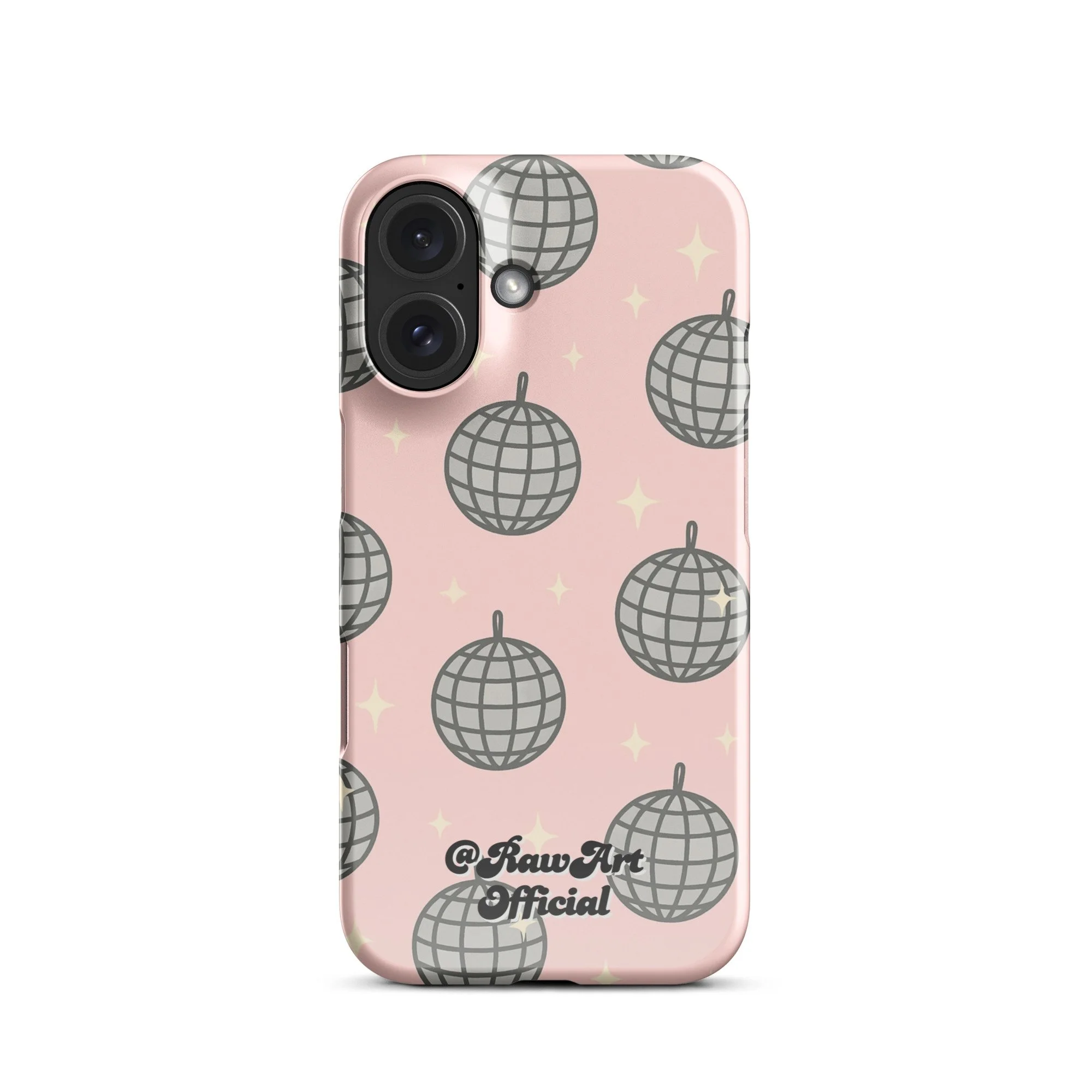 Pink iPhone case with silver disco ball pattern, retro party design.