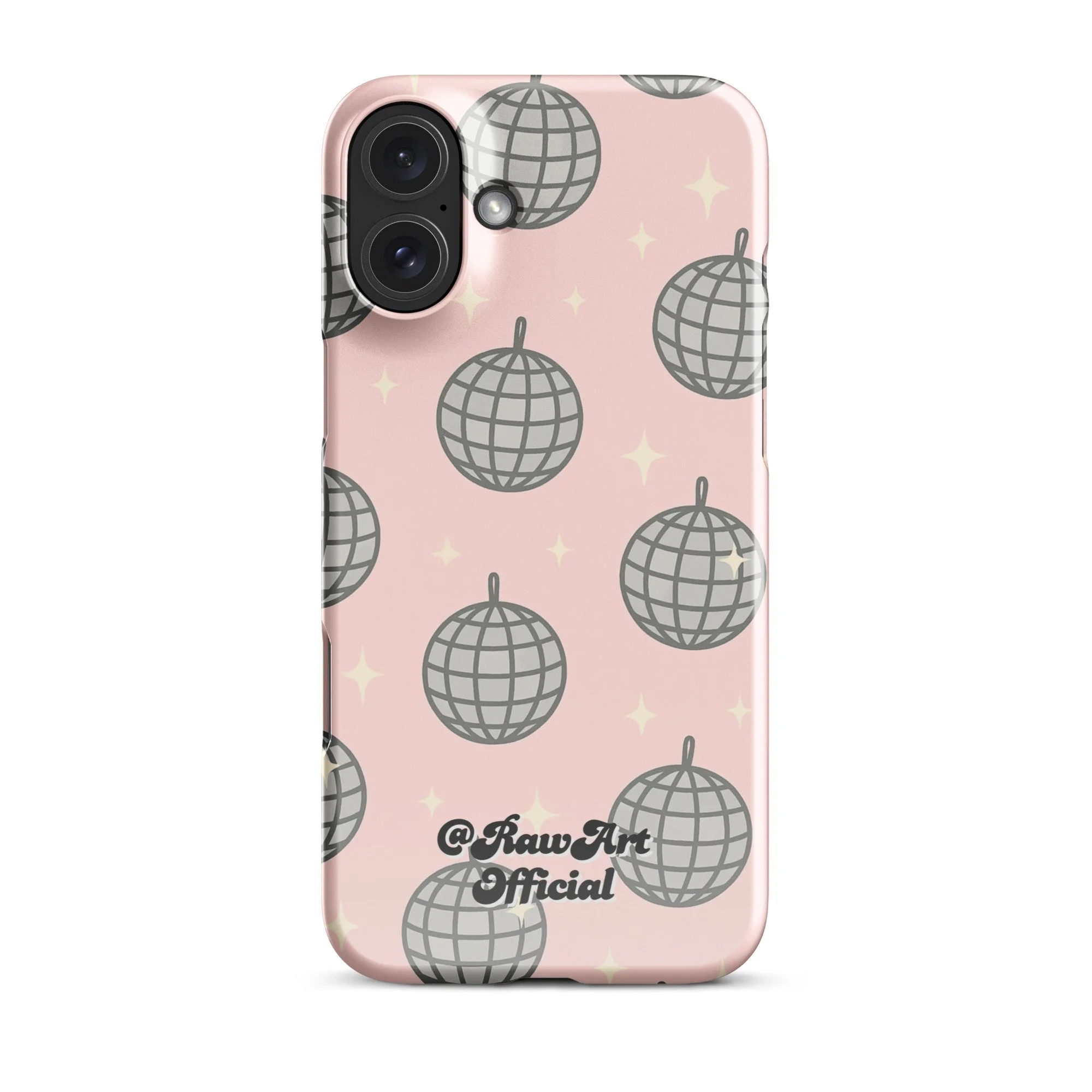 Pink iPhone case with silver disco ball pattern, retro party design.
