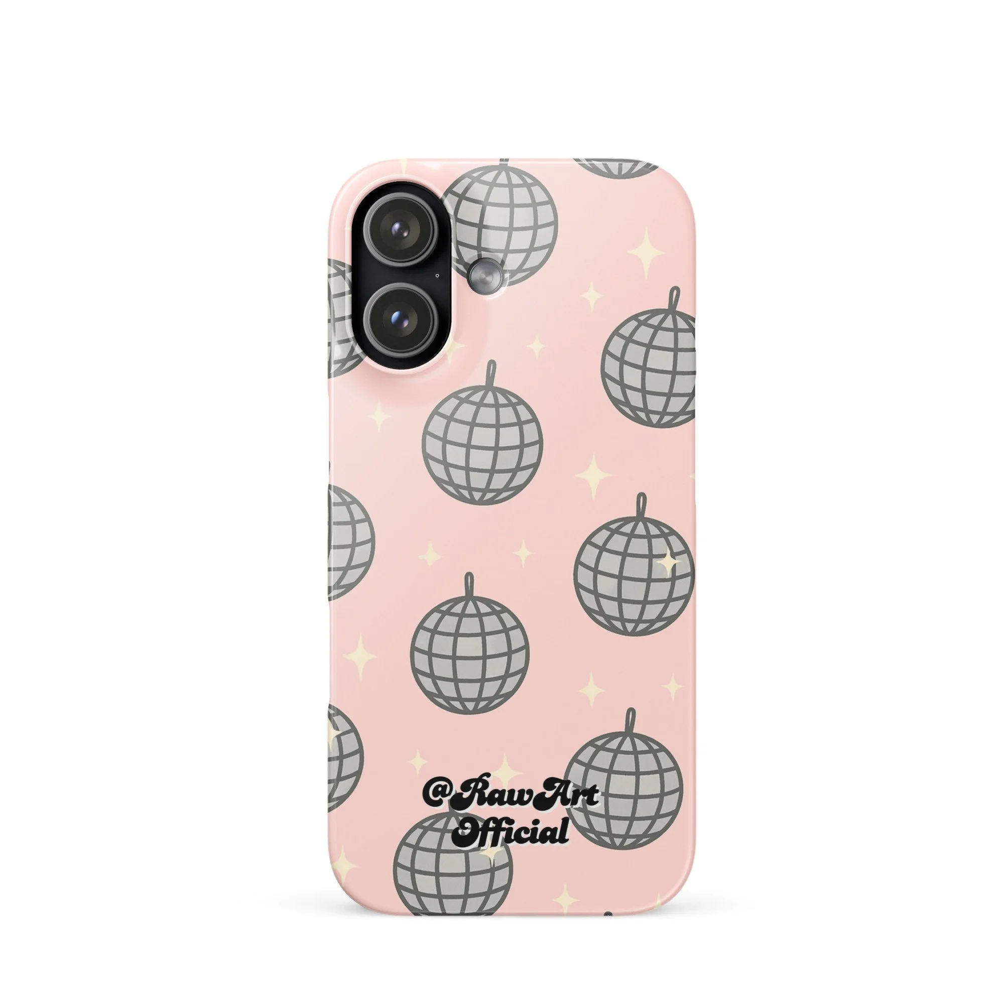 Pink iPhone case with silver disco ball pattern, retro party design.