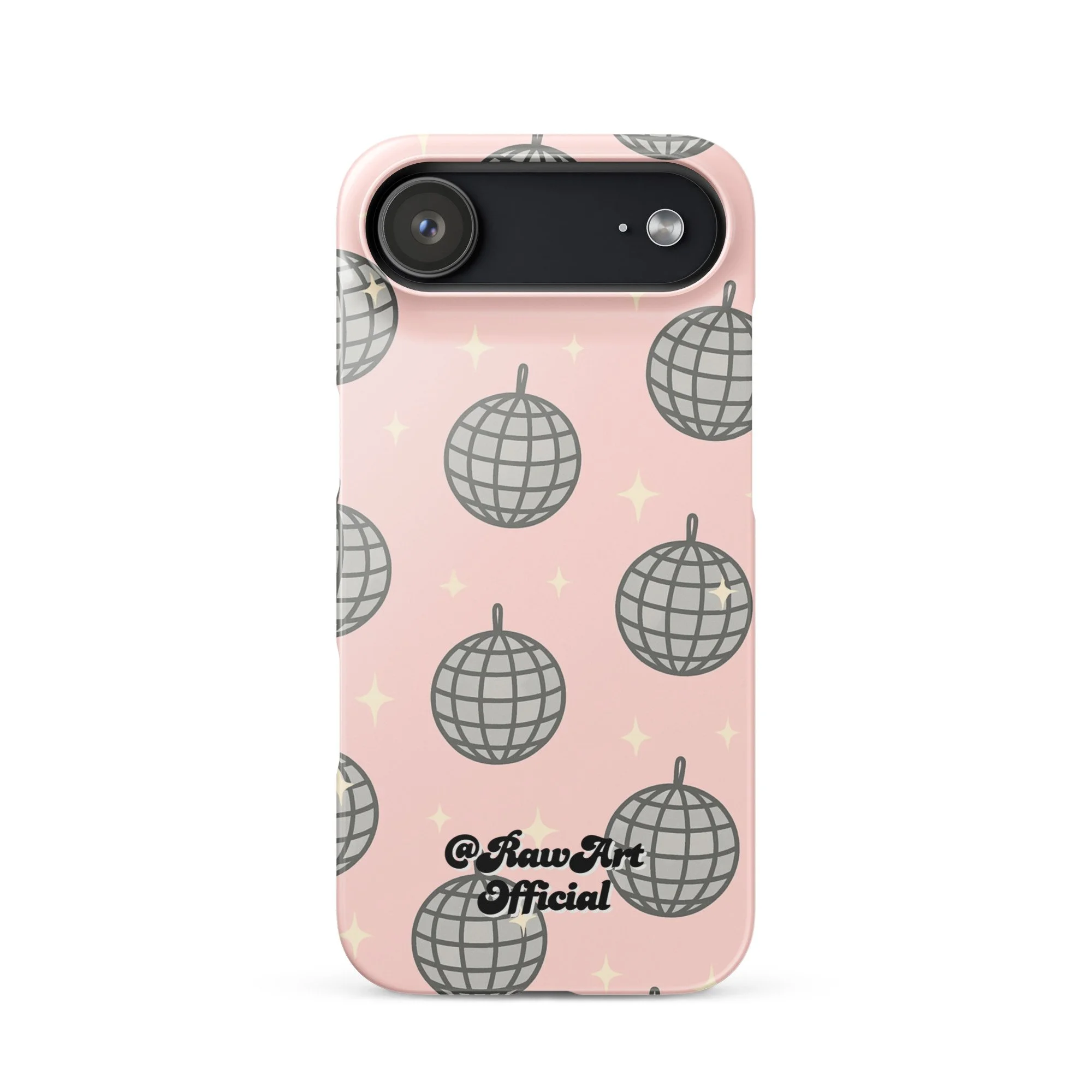 Pink iPhone case with silver disco ball pattern, retro party design.