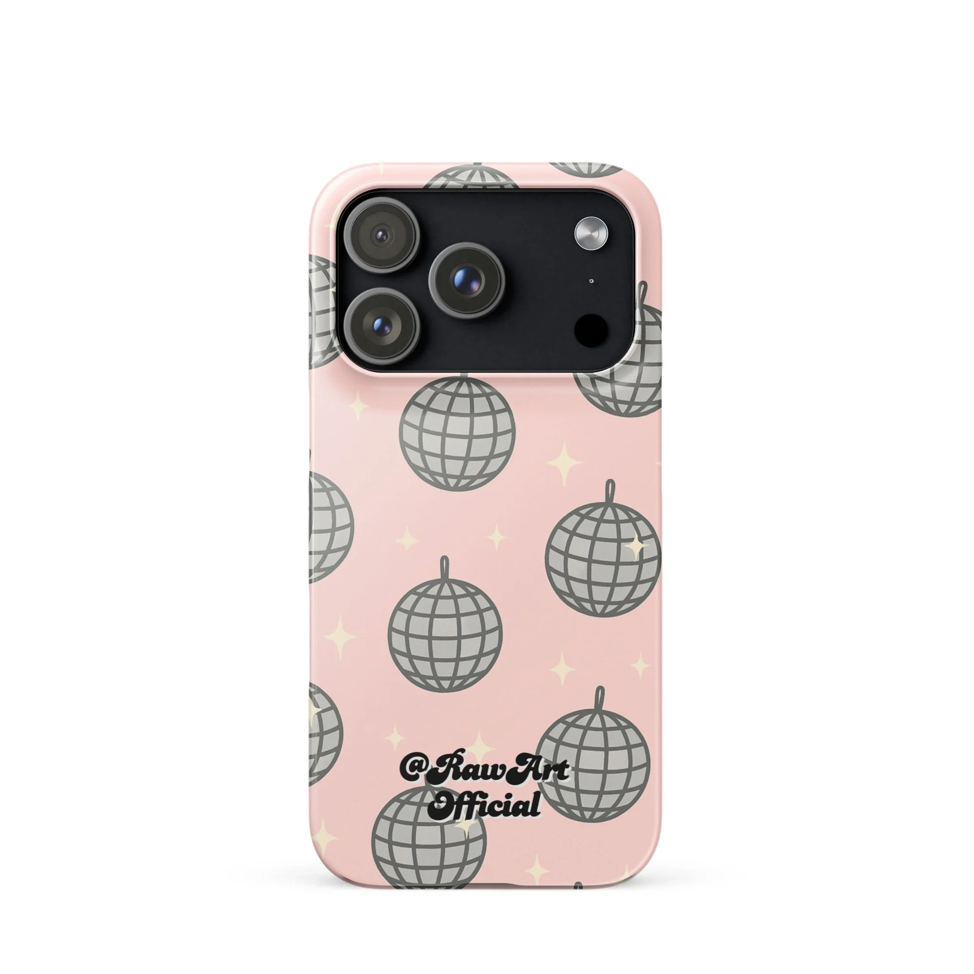 Pink iPhone case with silver disco ball pattern, retro party design.
