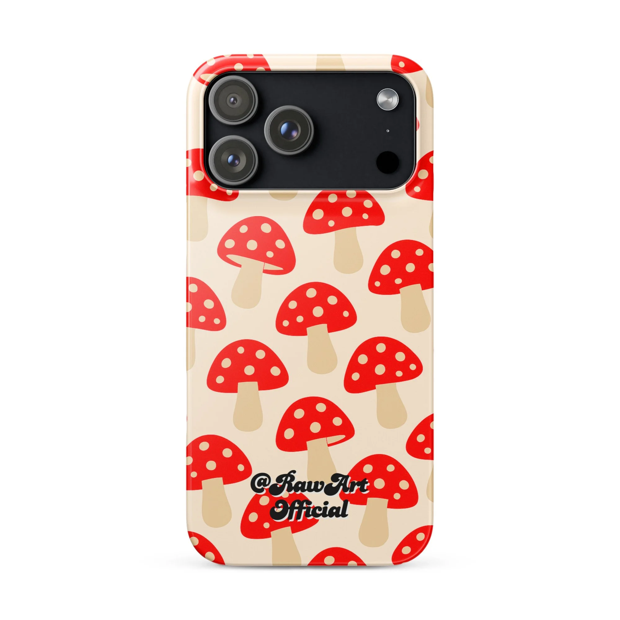 Beige iPhone case with red mushroom pattern, retro fungi design.