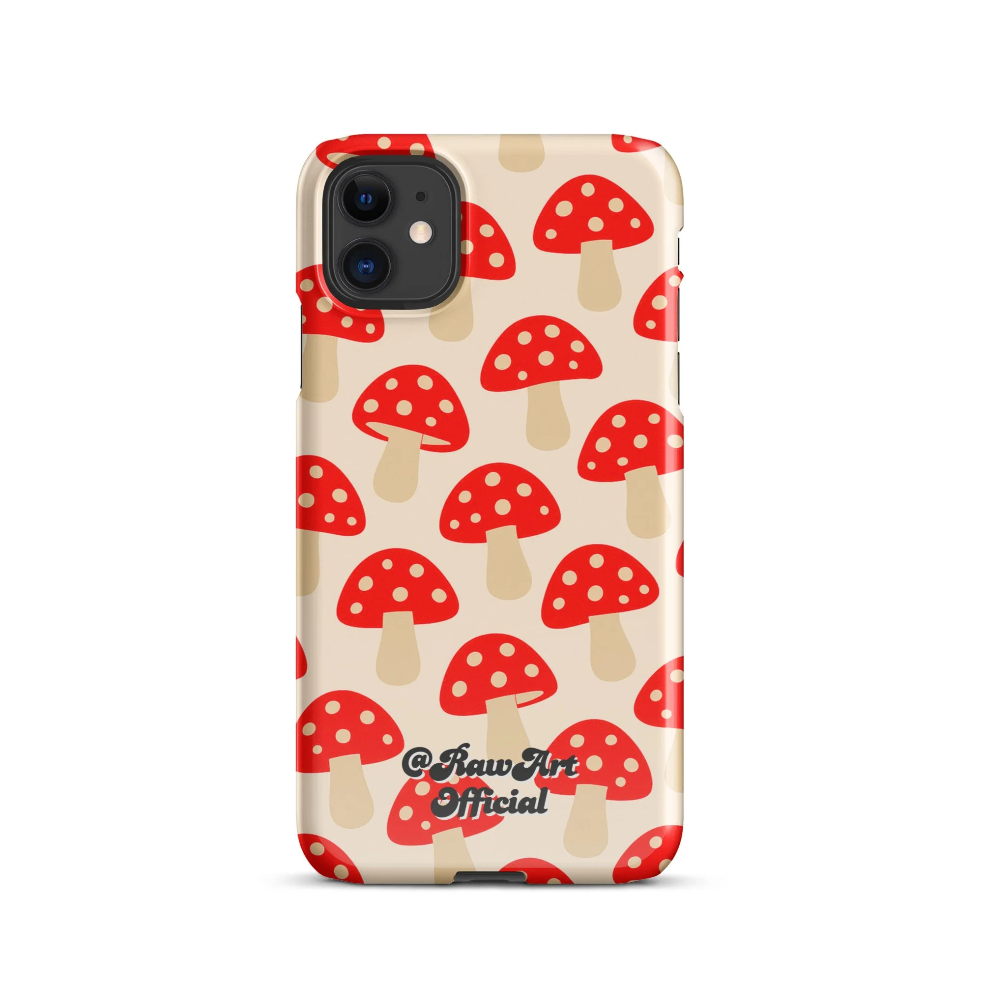 Beige iPhone case with red mushroom pattern, retro fungi design.