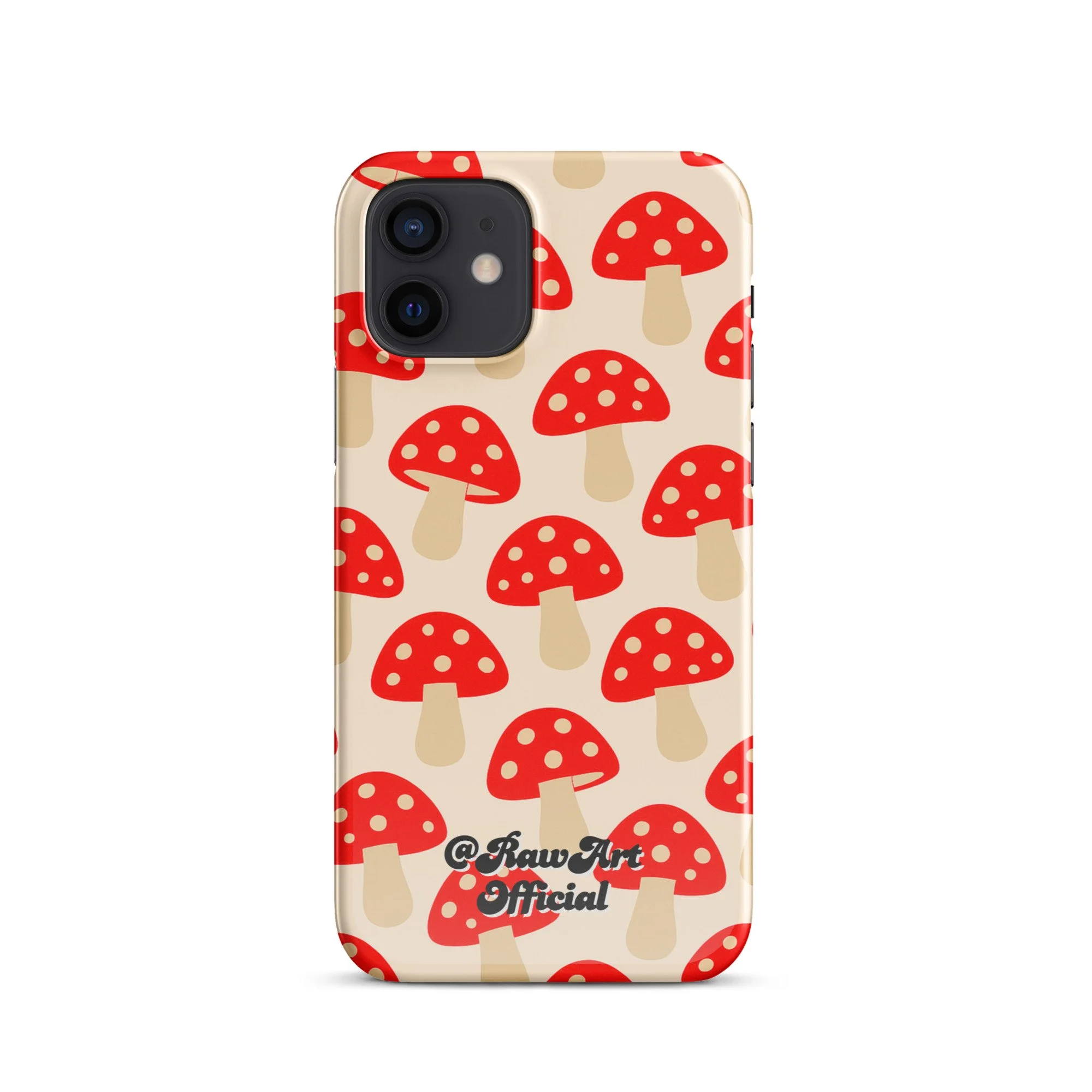 Beige iPhone case with red mushroom pattern, retro fungi design.