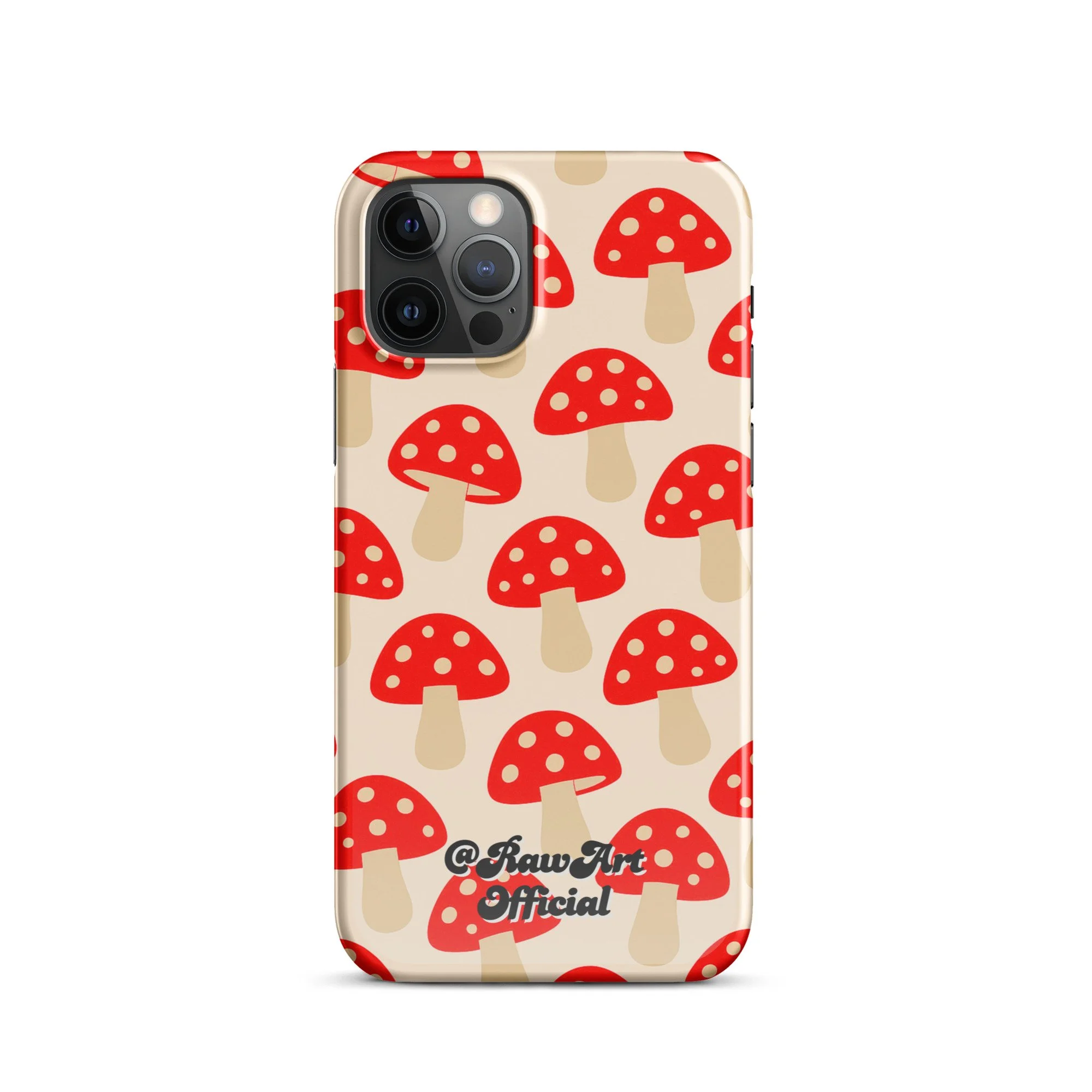 Beige iPhone case with red mushroom pattern, retro fungi design.