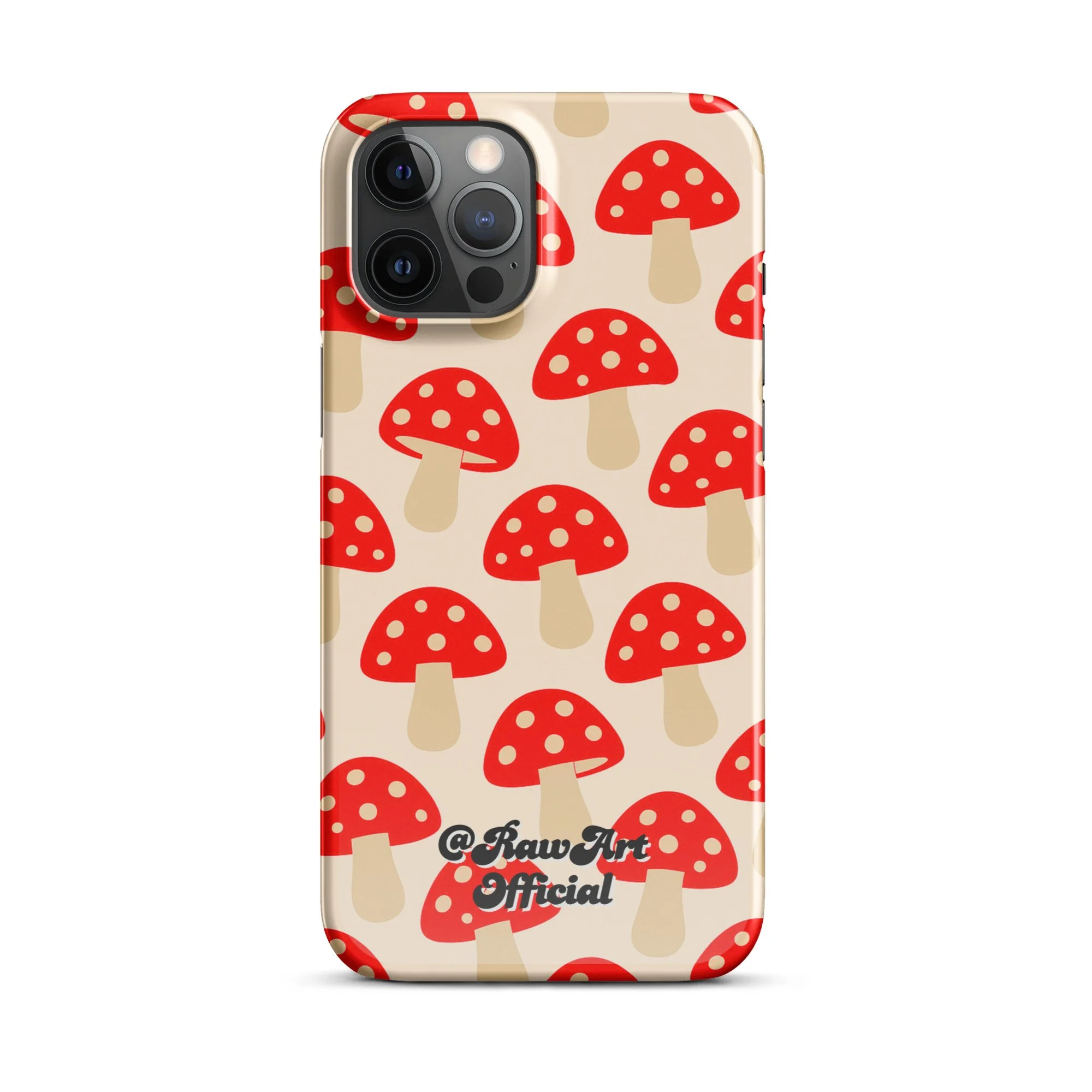 Beige iPhone case with red mushroom pattern, retro fungi design.