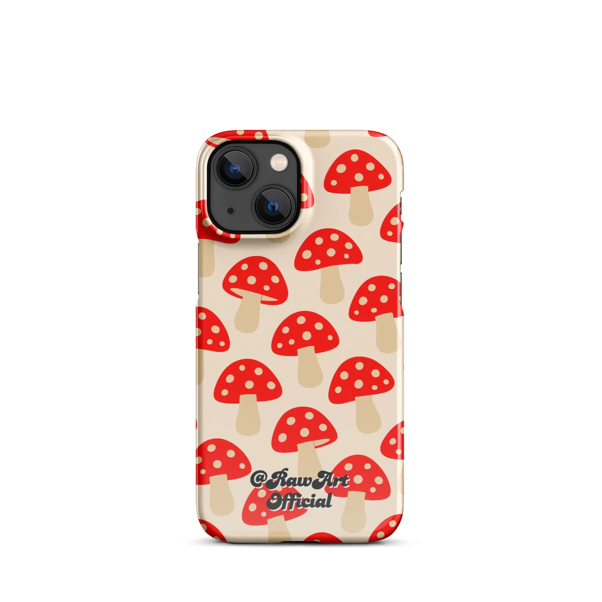 Beige iPhone case with red mushroom pattern, retro fungi design.