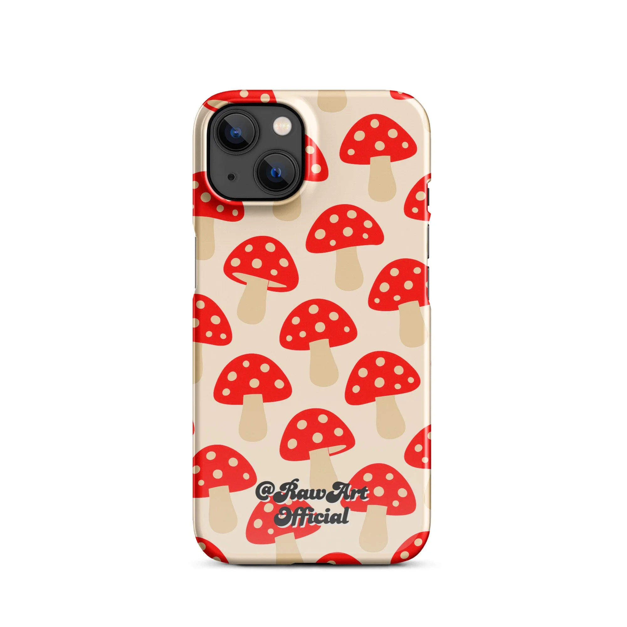 Beige iPhone case with red mushroom pattern, retro fungi design.