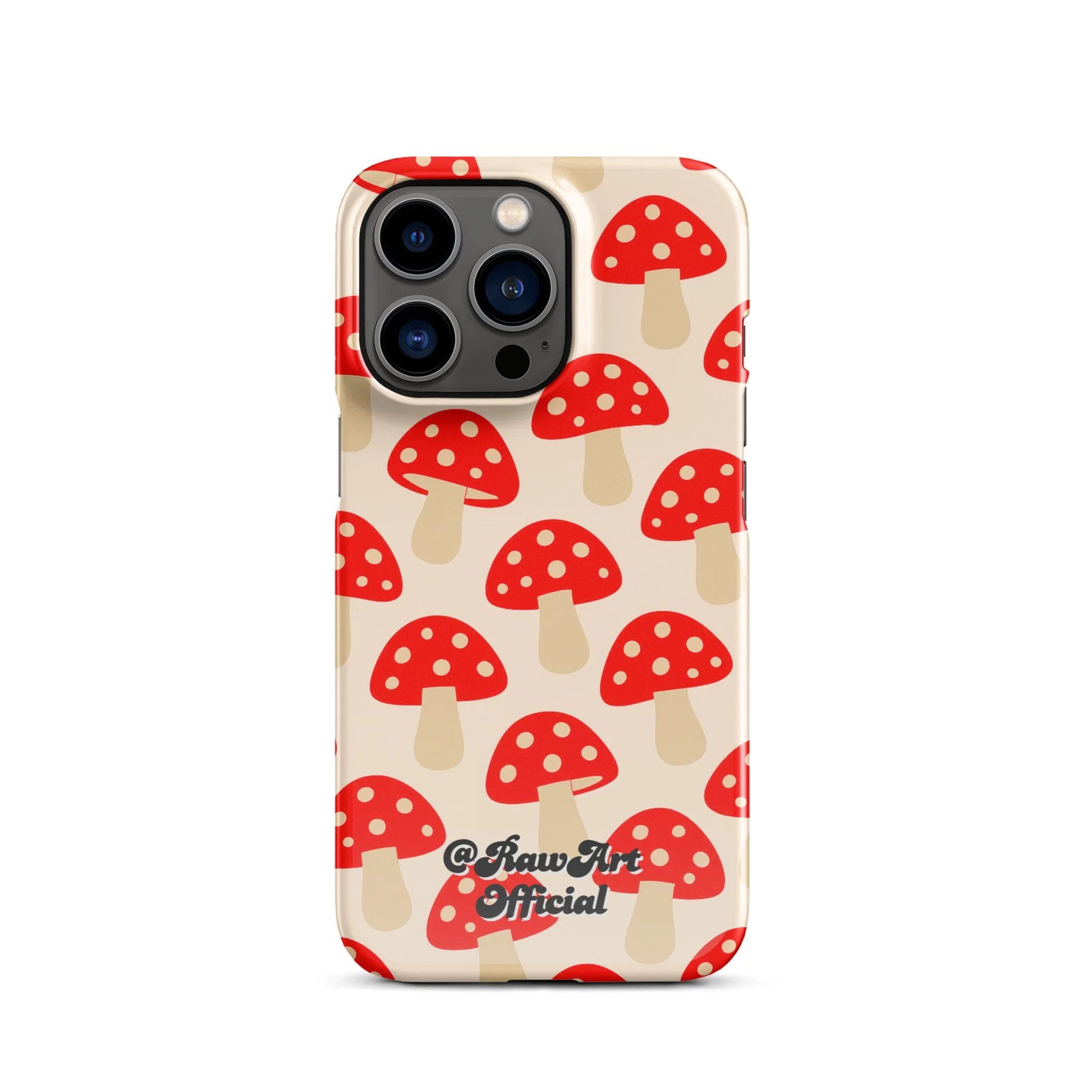 Beige iPhone case with red mushroom pattern, retro fungi design.