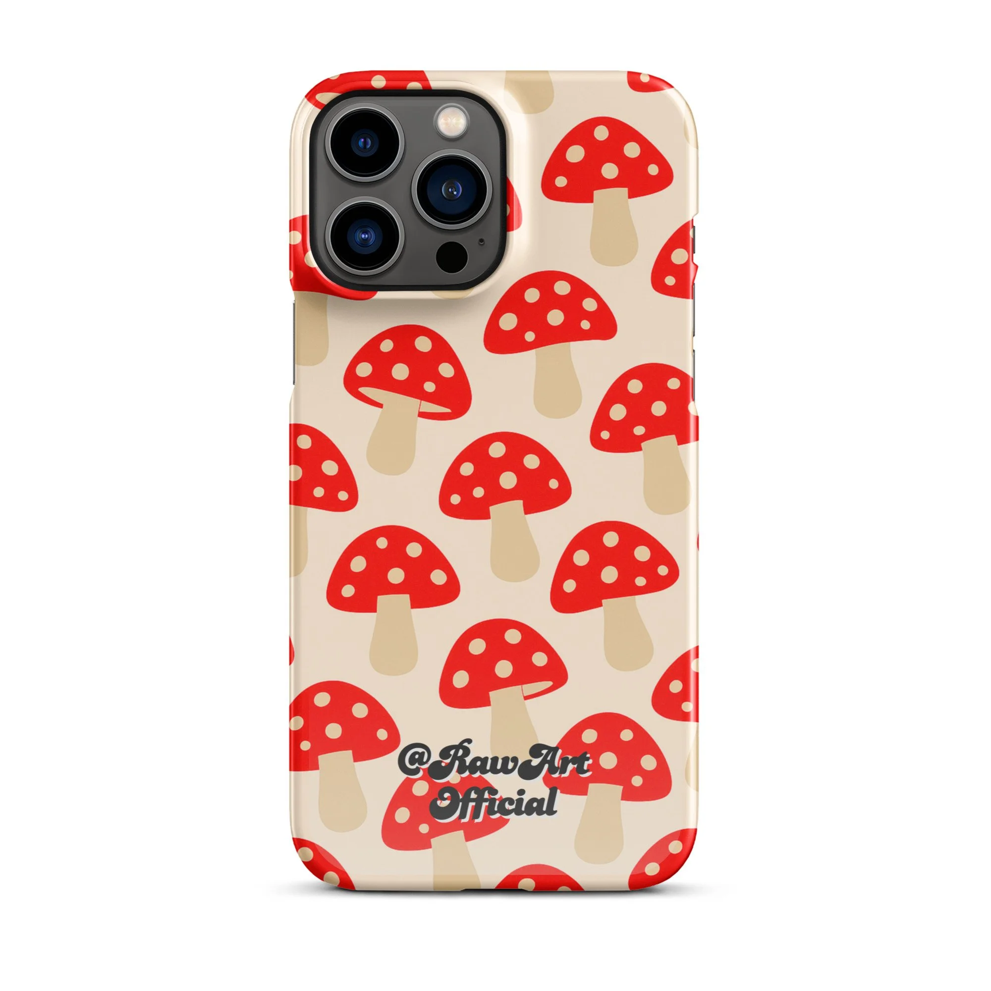 Beige iPhone case with red mushroom pattern, retro fungi design.