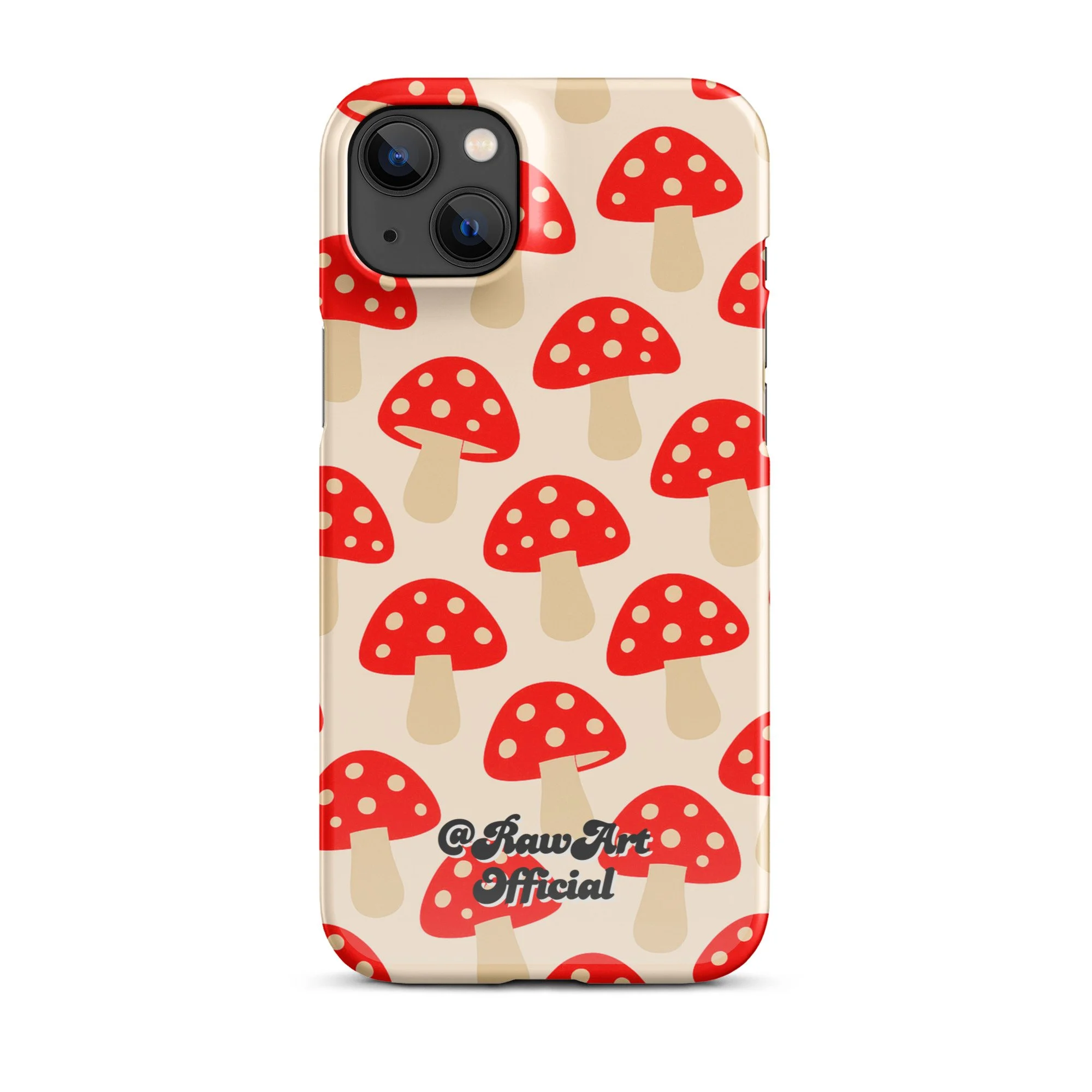 Beige iPhone case with red mushroom pattern, retro fungi design.