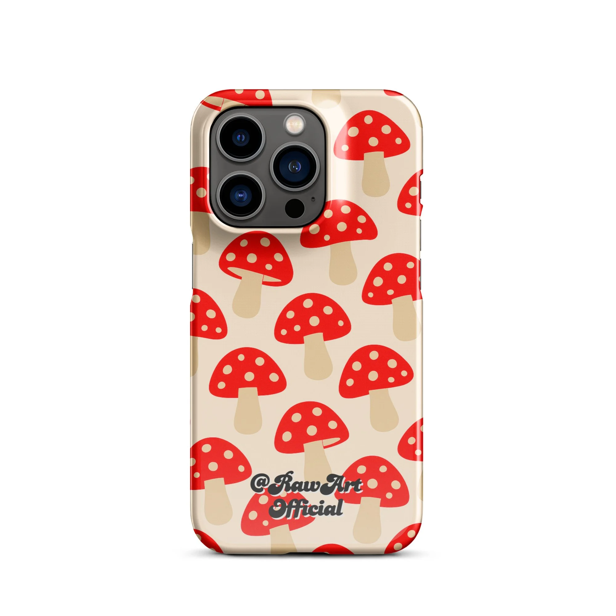 Beige iPhone case with red mushroom pattern, retro fungi design.