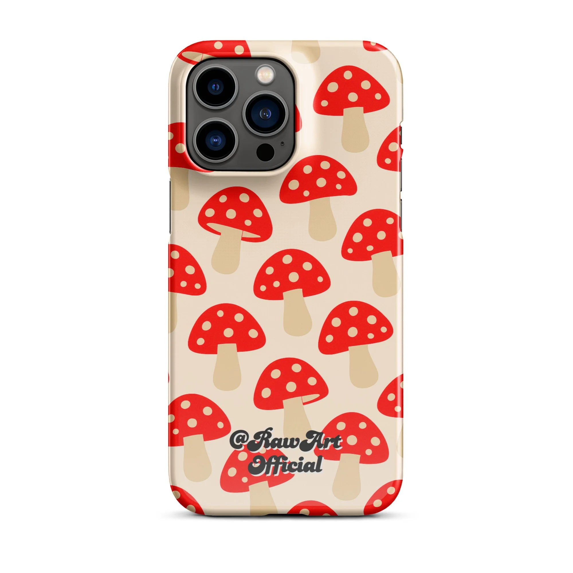 Beige iPhone case with red mushroom pattern, retro fungi design.