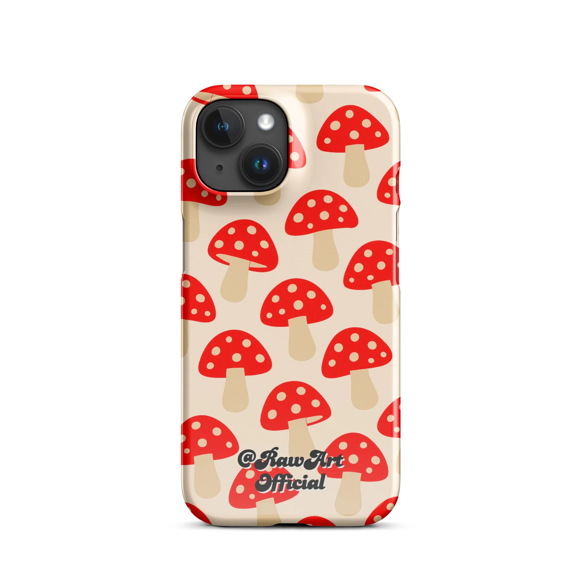 Beige iPhone case with red mushroom pattern, retro fungi design.