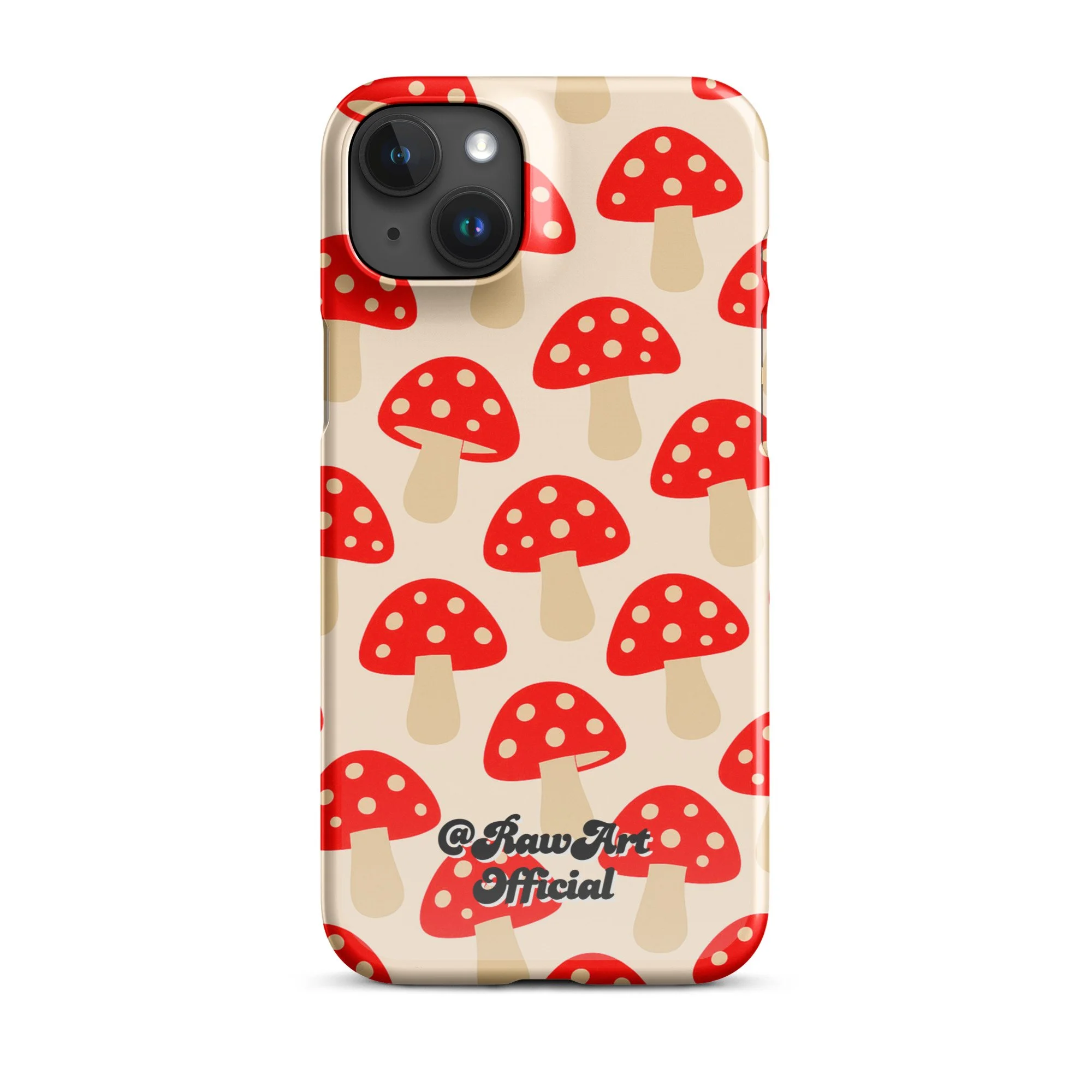 Beige iPhone case with red mushroom pattern, retro fungi design.