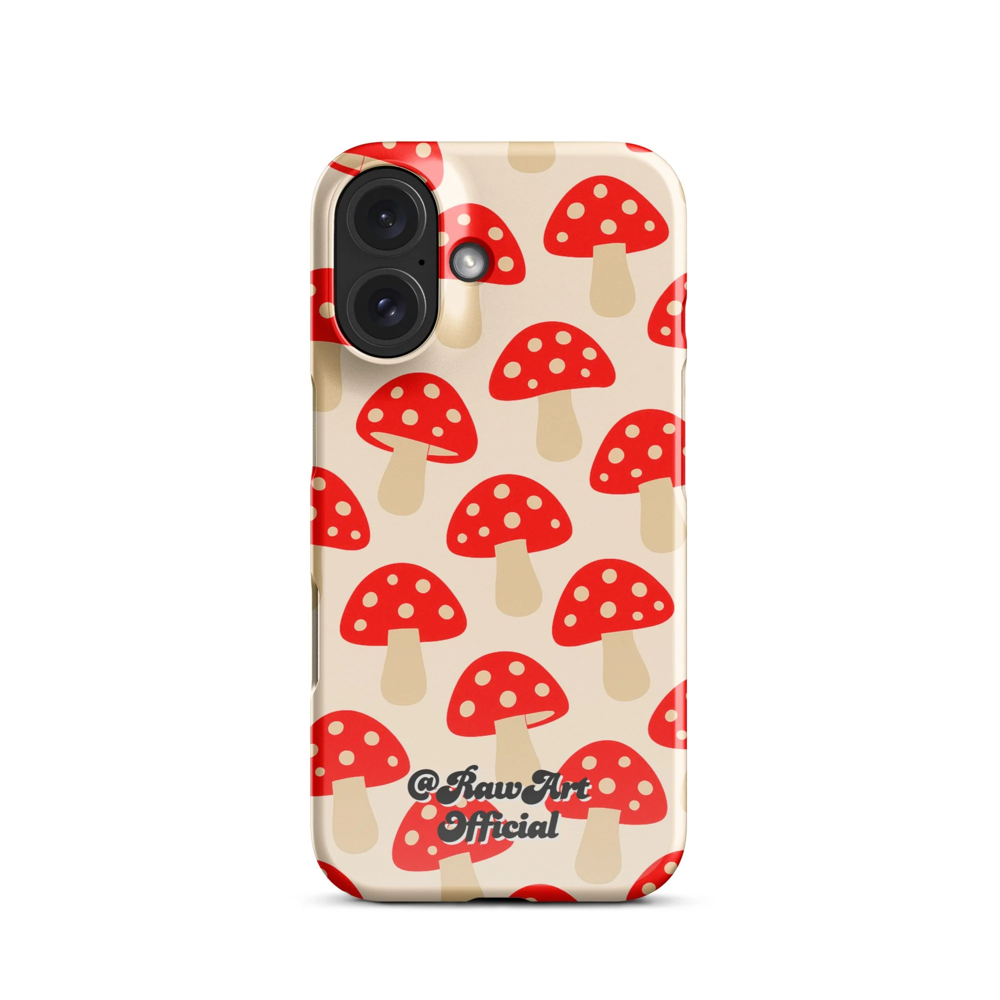Beige iPhone case with red mushroom pattern, retro fungi design.